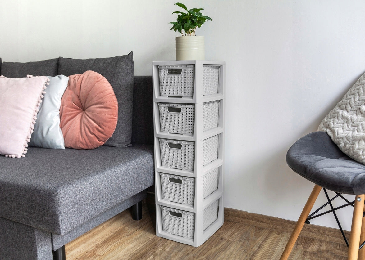 BOOKCASE CHEST OF DRAWERS WARDROBE SHELF WITH 5 DRAWER BASKETS POST BATHROOM CABINET RATTAN Product weight with unit packaging 2 kg