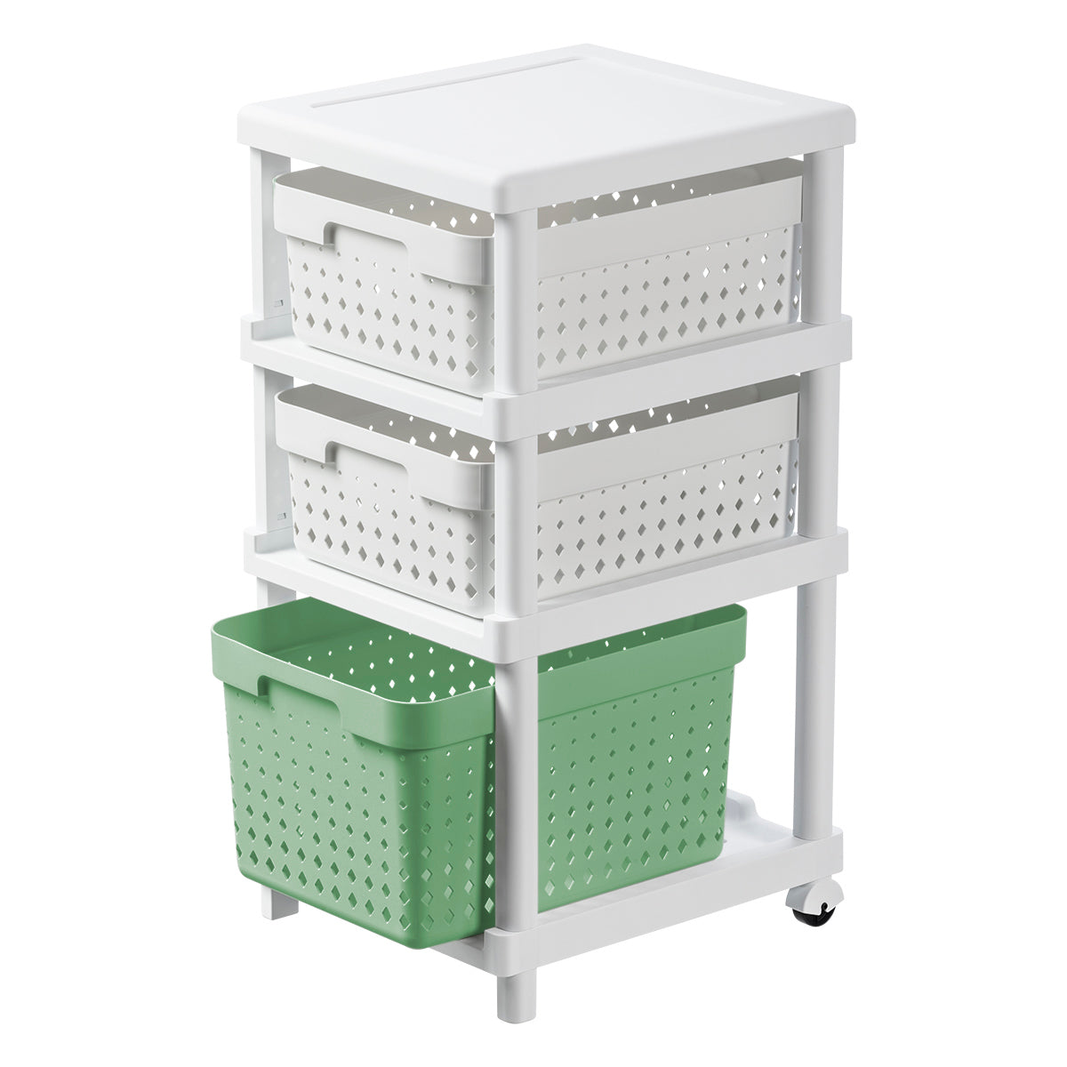 BOOKCASE WITH BASKETS Bathroom Shelf On Wheels Baskets White Green 36x31x66cm Packaging status original
