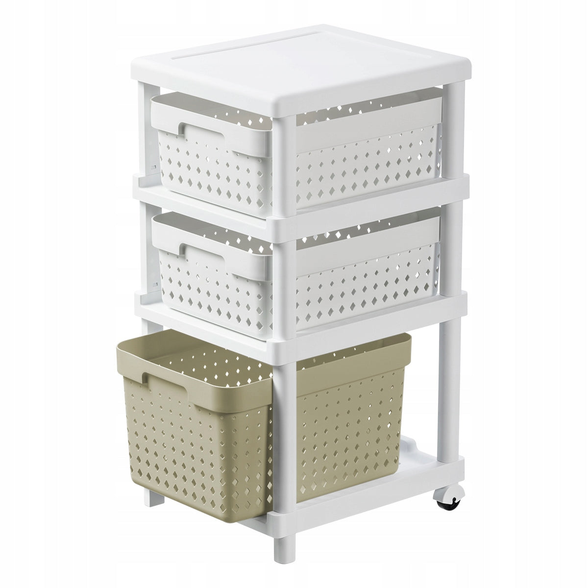 BOOKCASE WITH BASKETS Bathroom Shelf On Wheels Baskets White Olive 36x31x66cm Packaging status original