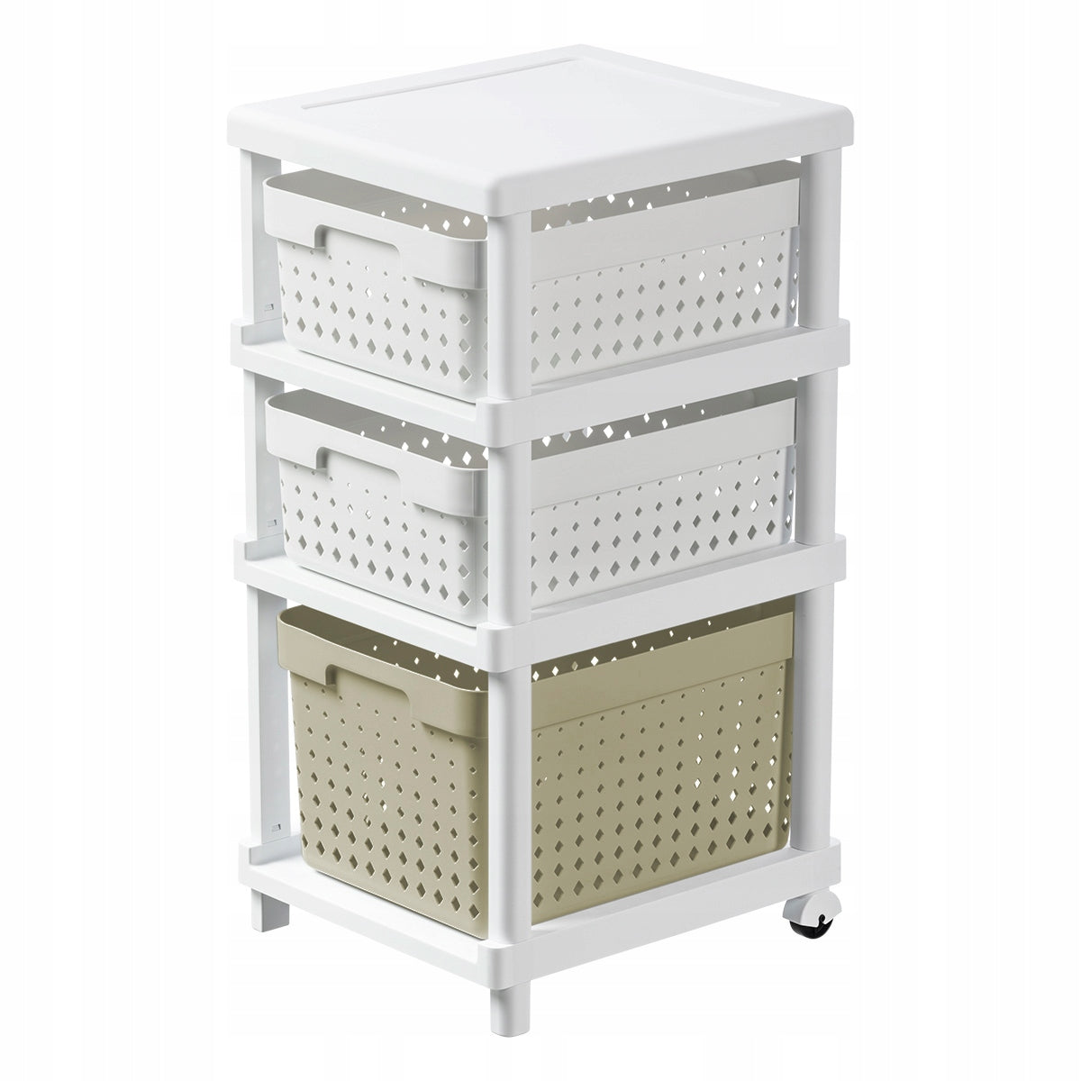 BOOKCASE WITH BASKETS Bathroom Shelf On Wheels Baskets White Olive 36x31x66cm