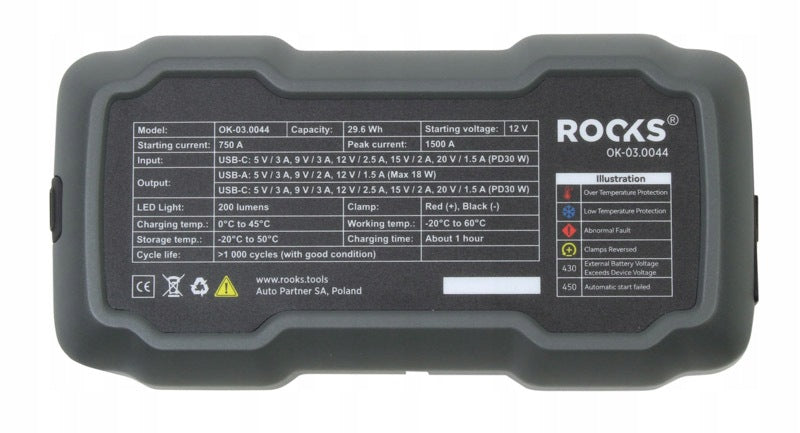 BOOSTER, MAX-CONNECT 12V STARTING DEVICE, START-UP: 1500A, 29,6 WH ROO Brand Rooks