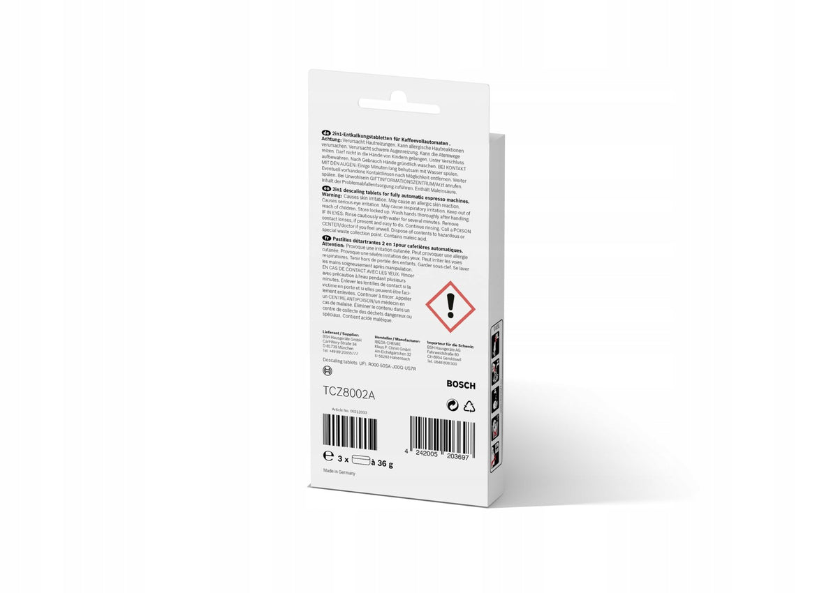 BOSCH DESCALING TABLETS FOR TCZ8002 MACHINES Manufacturer code TCZ 8002A