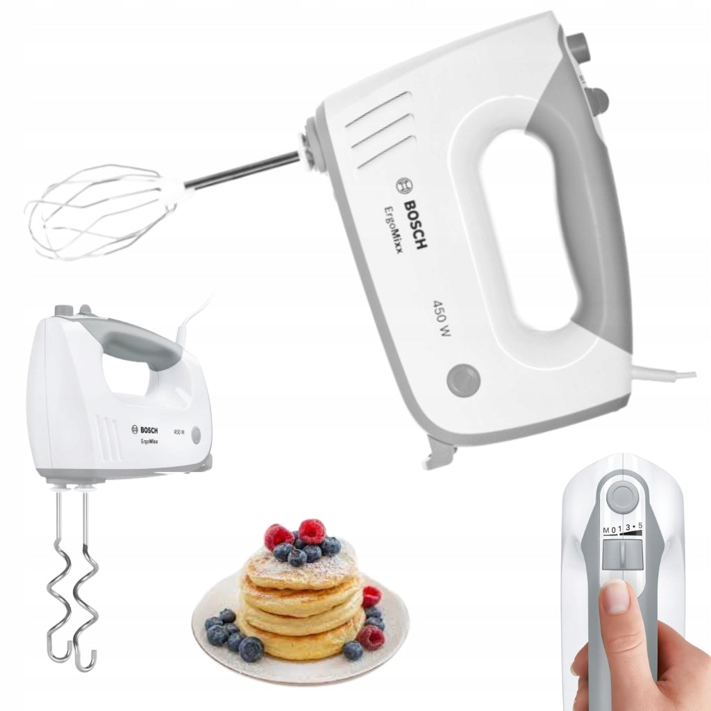 BOSCH HAND MIXER WHITE POWERFUL QUIET 2 TIPS TURBO FUNCTION 5 SPEEDS