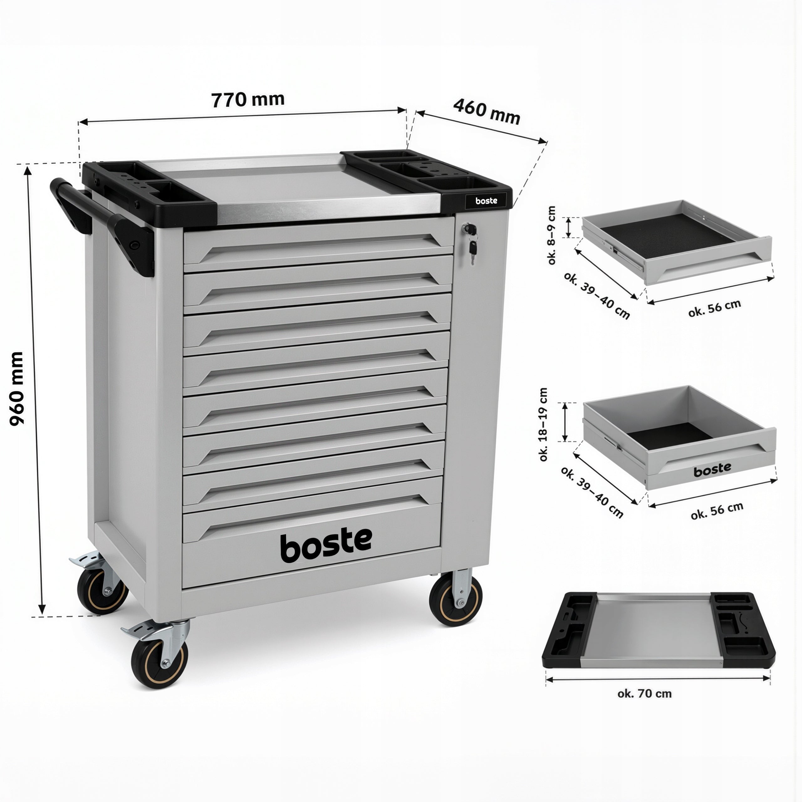 BOSTE WORKSHOP CABINET TOOL TROLLEY 8 DRAWERS LOCK BRAKE STORAGE Manufacturer code TTR708-MG
