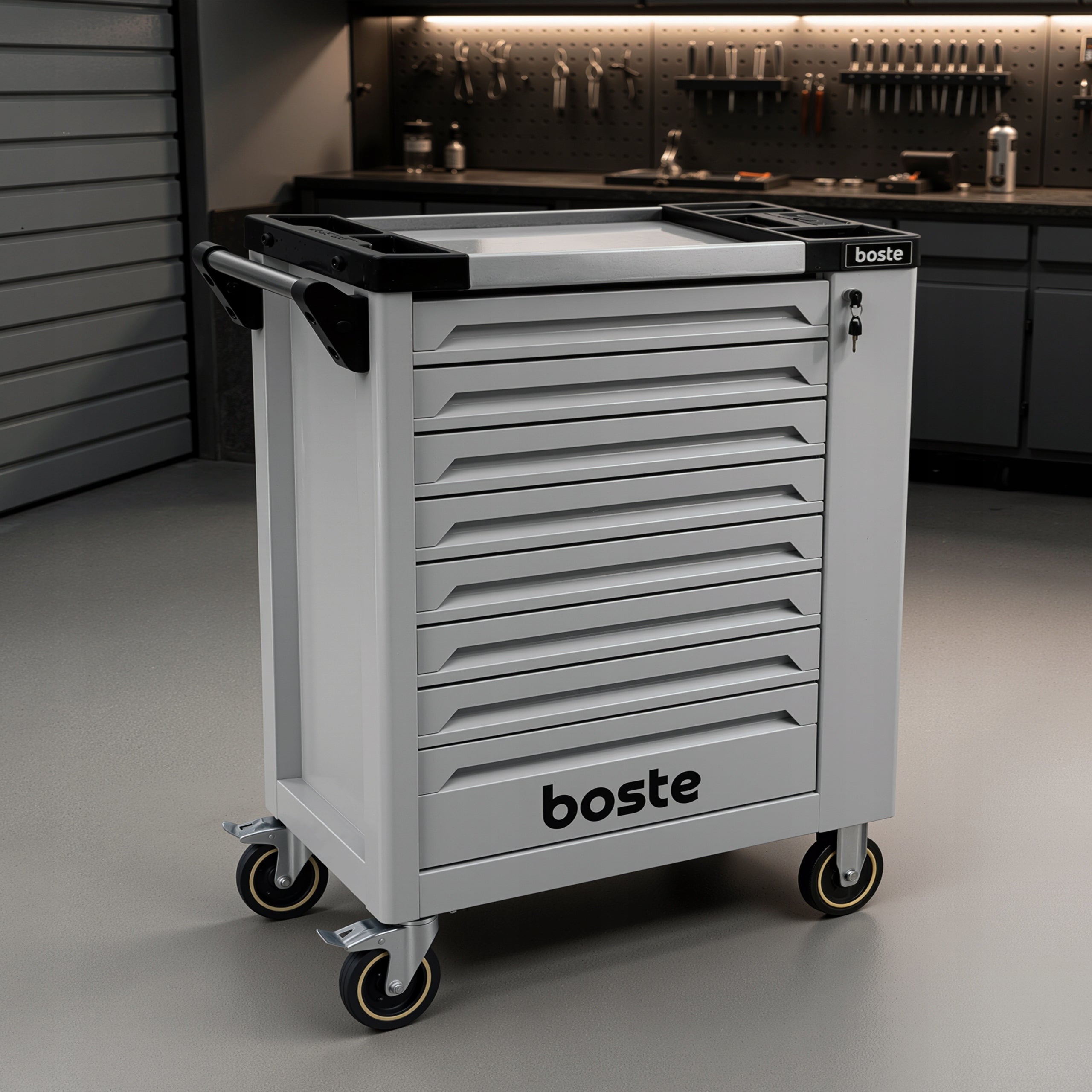 BOSTE WORKSHOP CABINET TOOL TROLLEY 8 DRAWERS LOCK BRAKE STORAGE Packaging status original