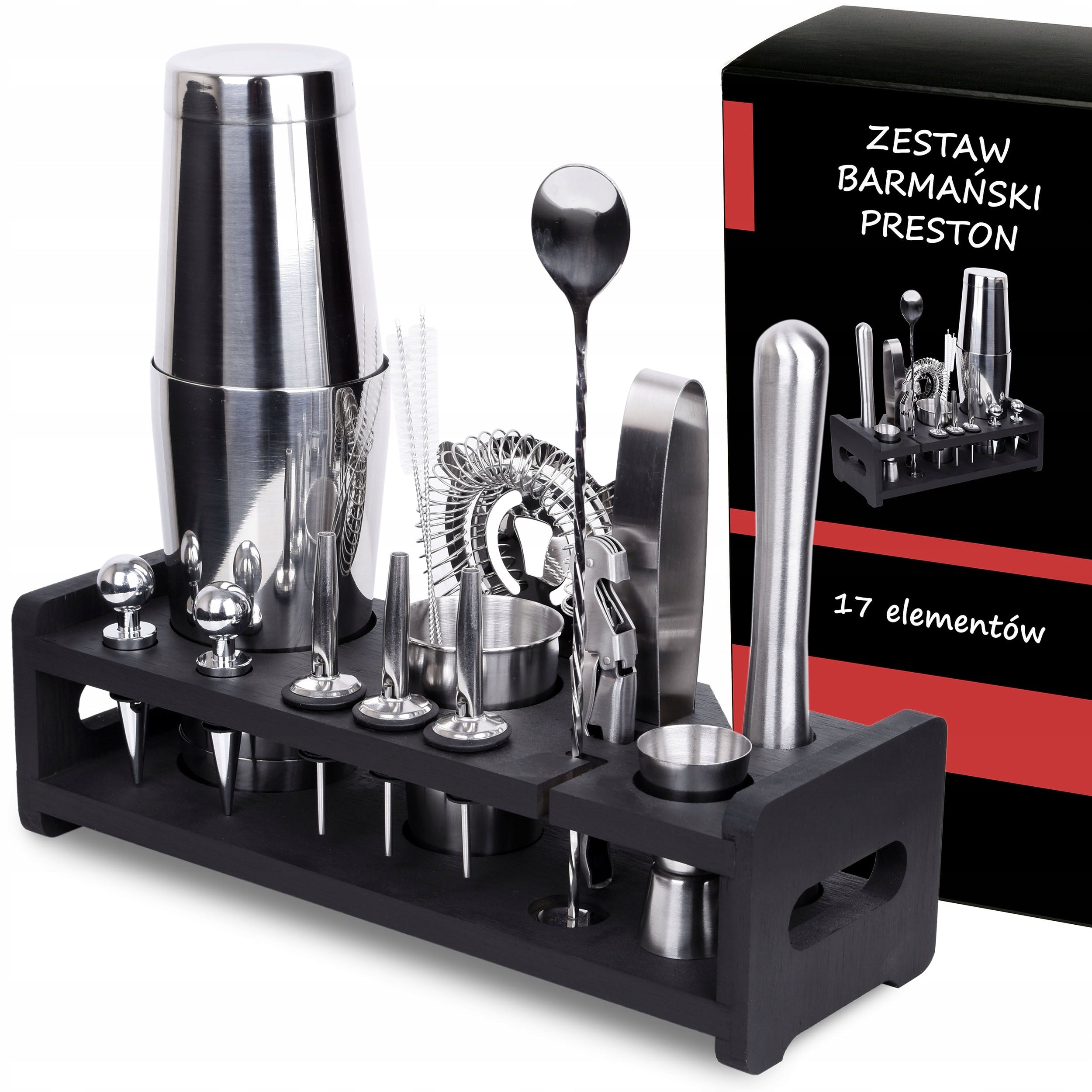 BOSTON BARTENDING SET FOR DRINKS SHAKER BLACK STAND 17 el