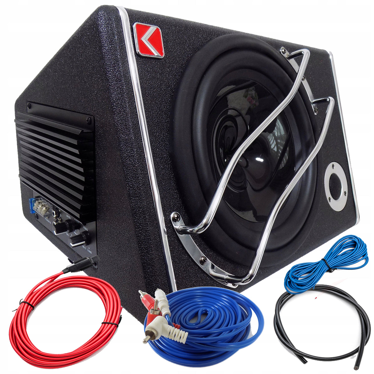 BOX BASS TUBE SUBWOOFER ACTIVE 1200W 10" AMPLIFIER + CABLE KIT