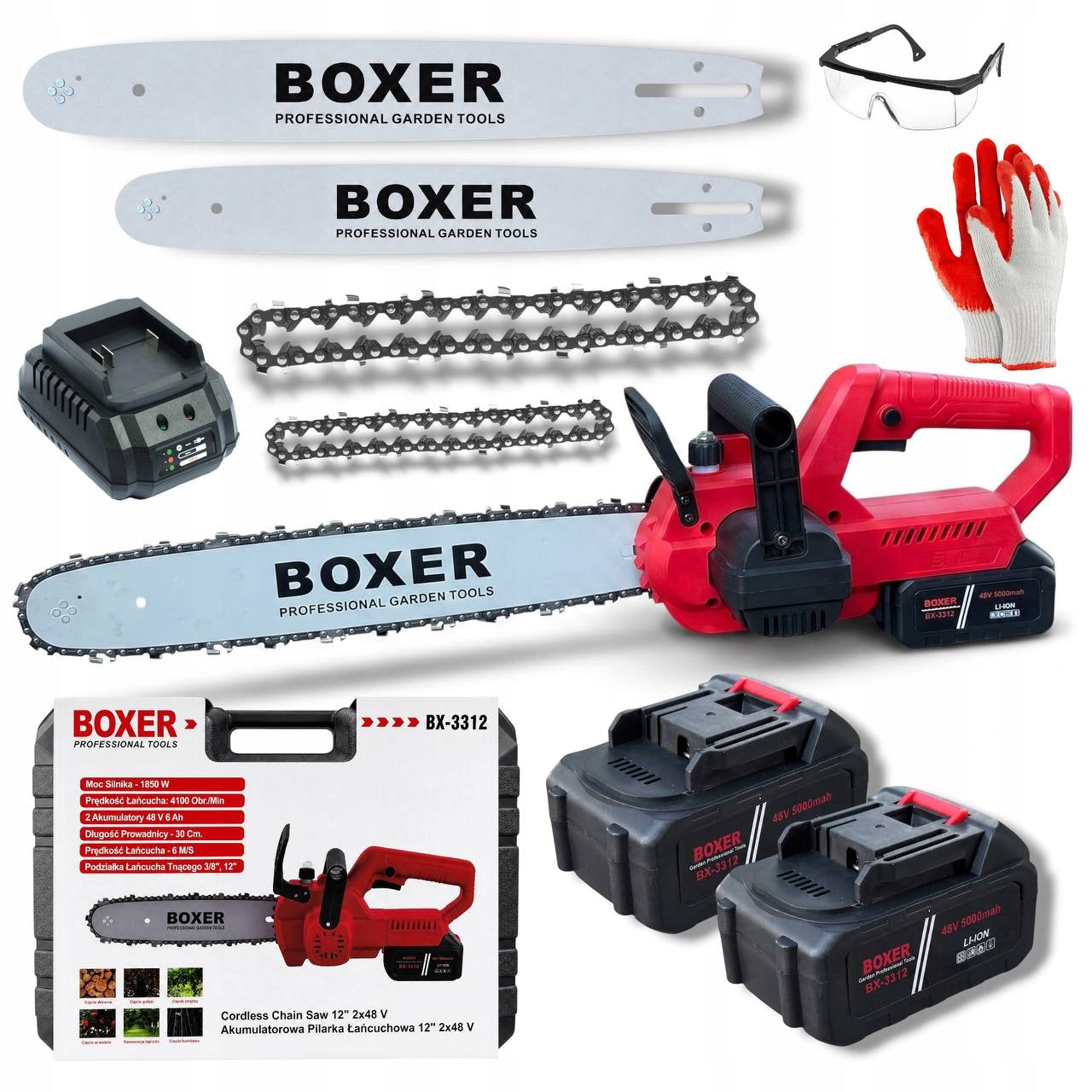 BOXER 1850W Cordless Chainsaw - 16" and 12" 5000 mAh guides
