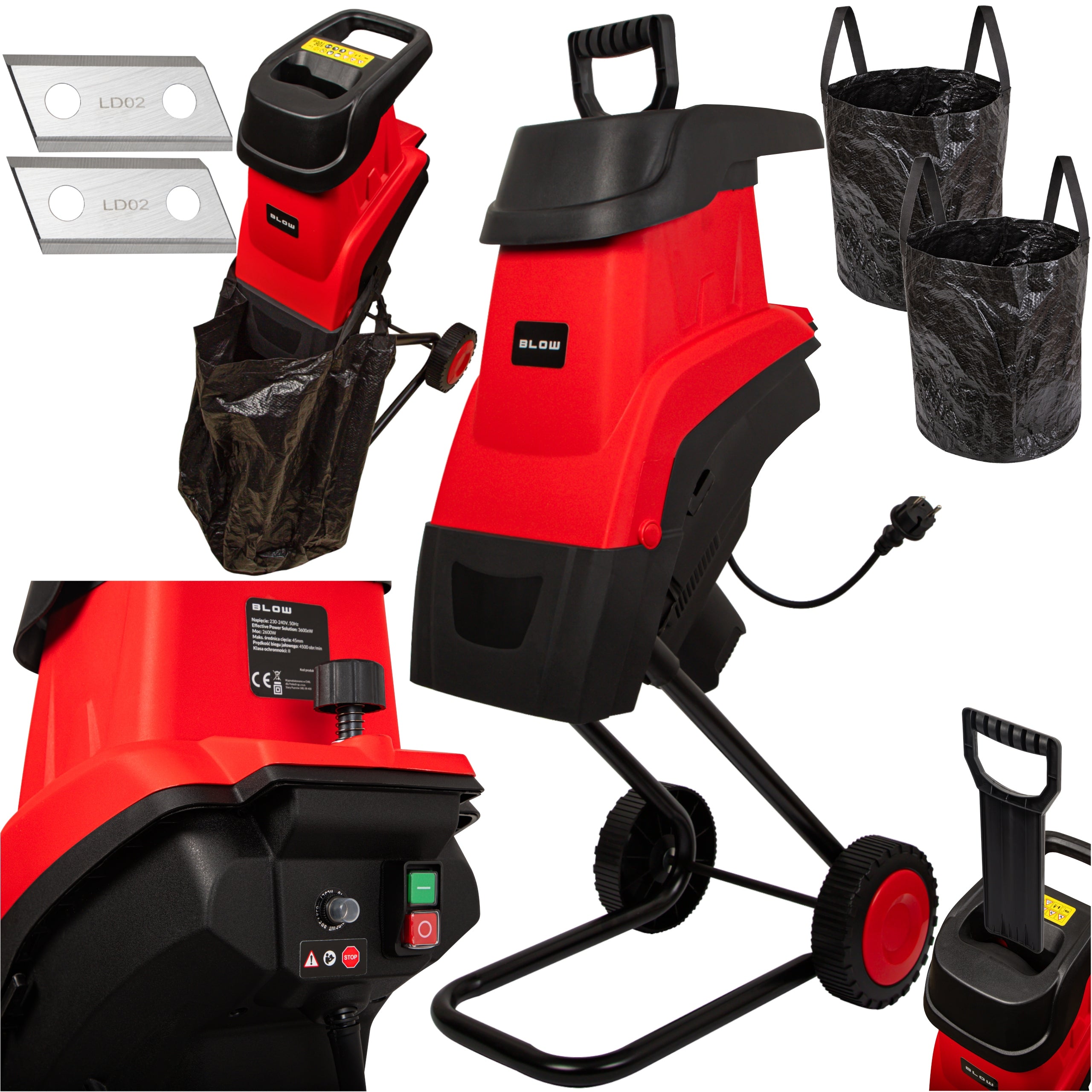 BRANCH SHREDDER ELECTRIC CHIPPER 3600W 45mm + 2x BAG 45L 2x KNIVES