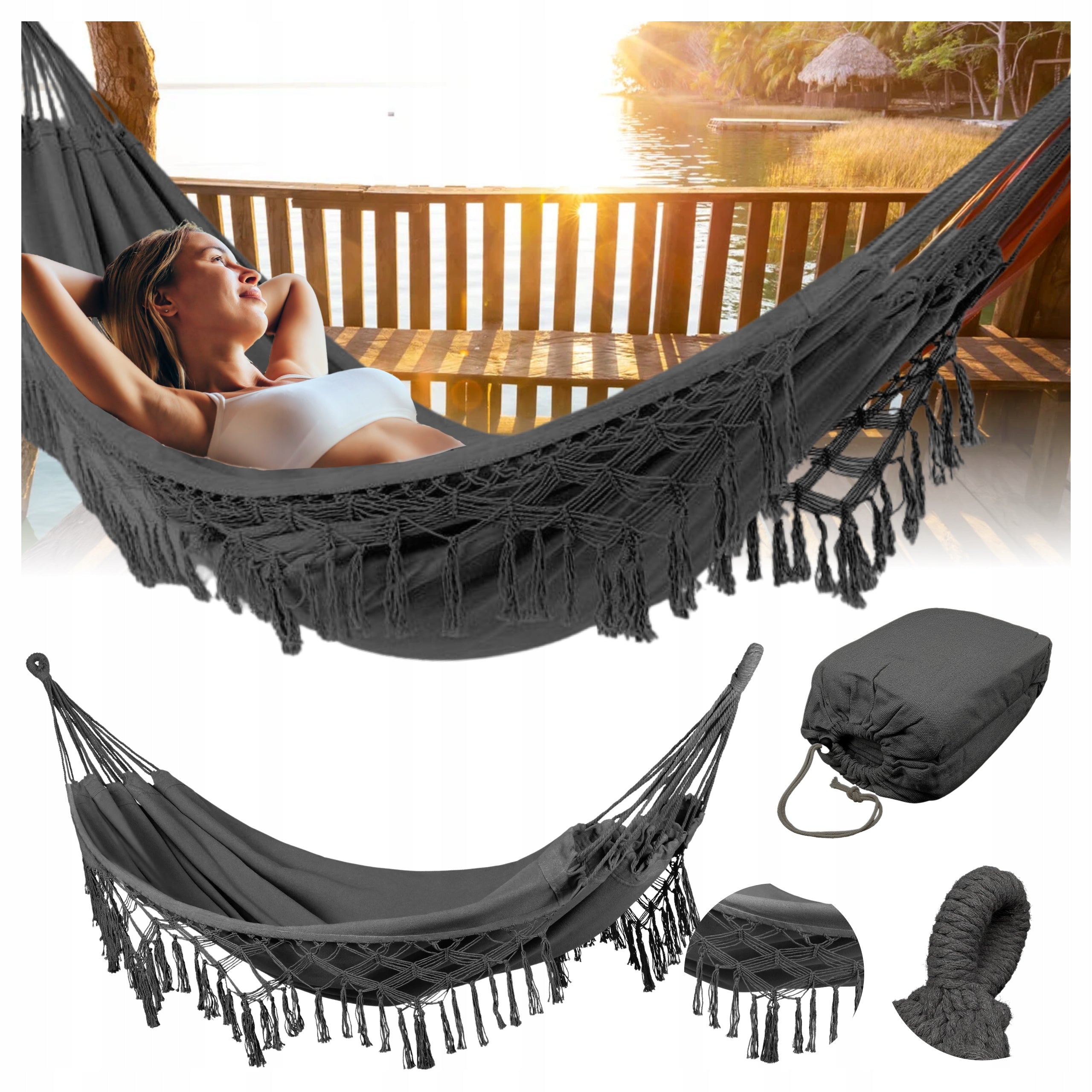 BRAZILIAN DOUBLE HAMMOCK XL BOHO COVER STRONG lifting capacity 220kg Anthracite