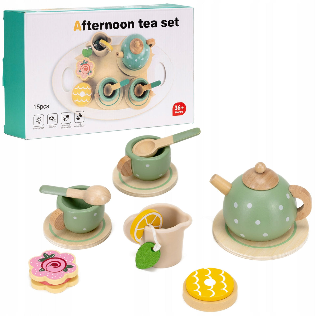 BREAKFAST SET FOR CHILDREN WOODEN CUPS KETTLE 14 EL. TOY Manufacturer code KG0056