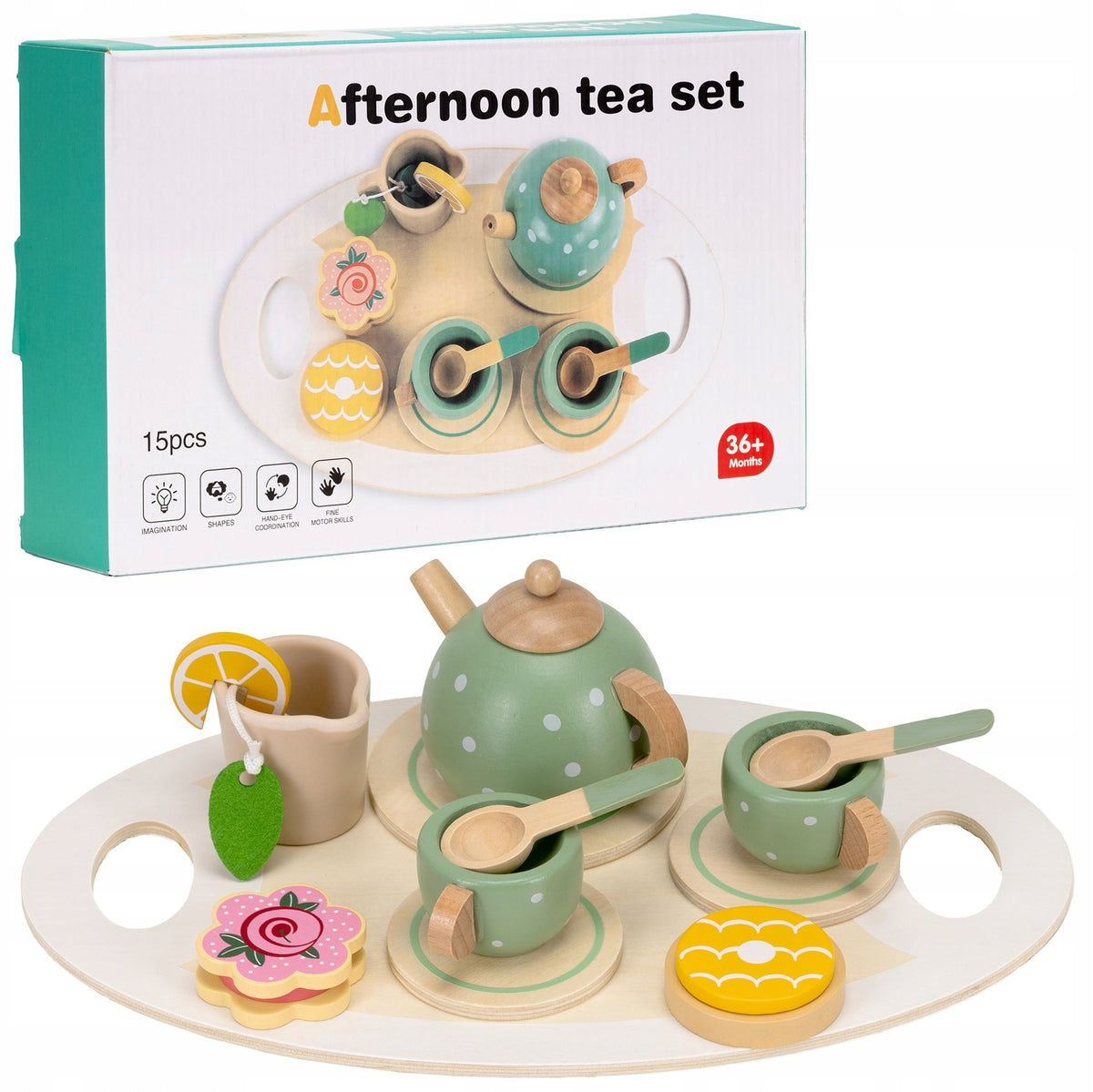 BREAKFAST SET FOR CHILDREN WOODEN CUPS KETTLE 14 EL. TOY