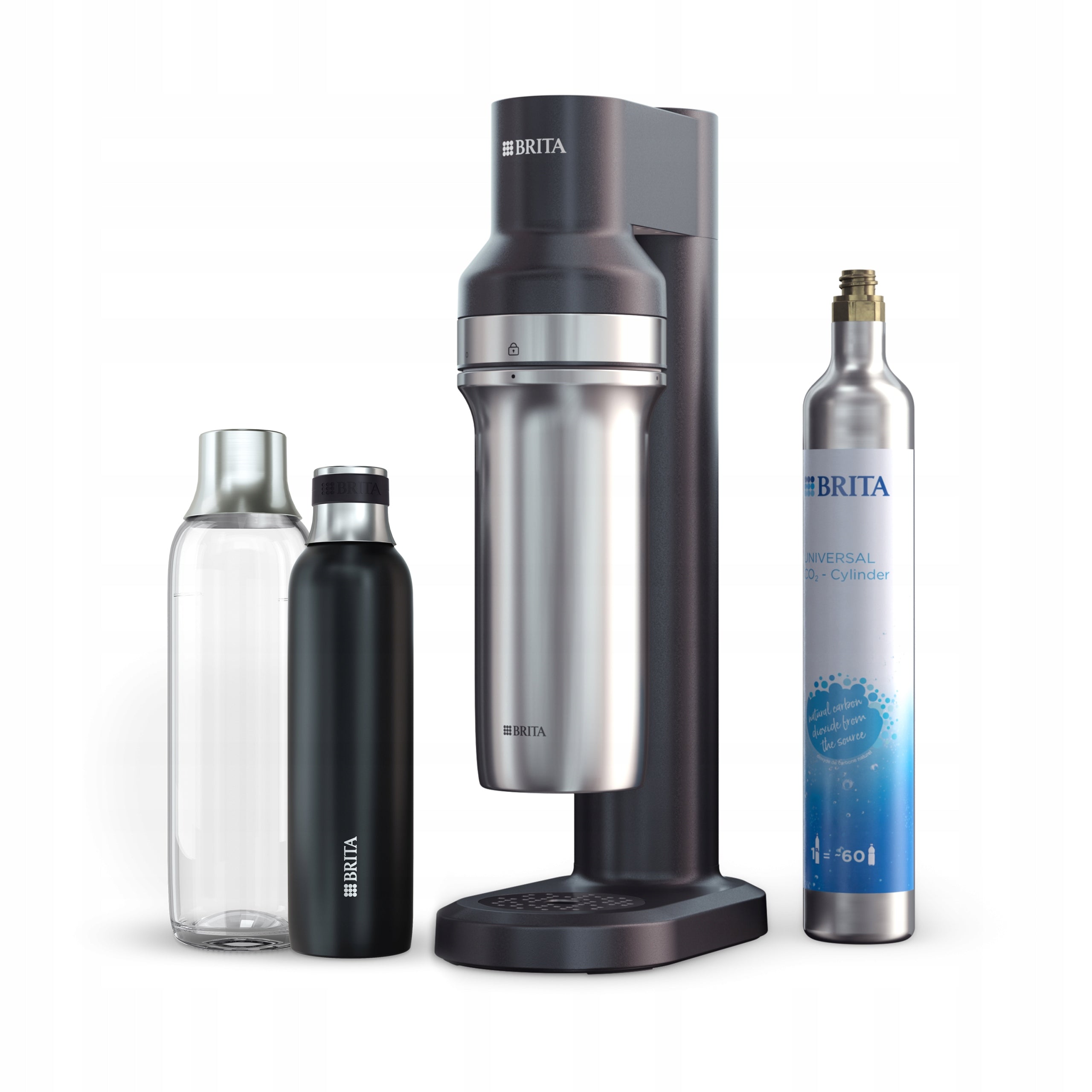 BRITA Saturator sodaTRIO black with CO2 cylinder glass and insulated bottle Packaging status original