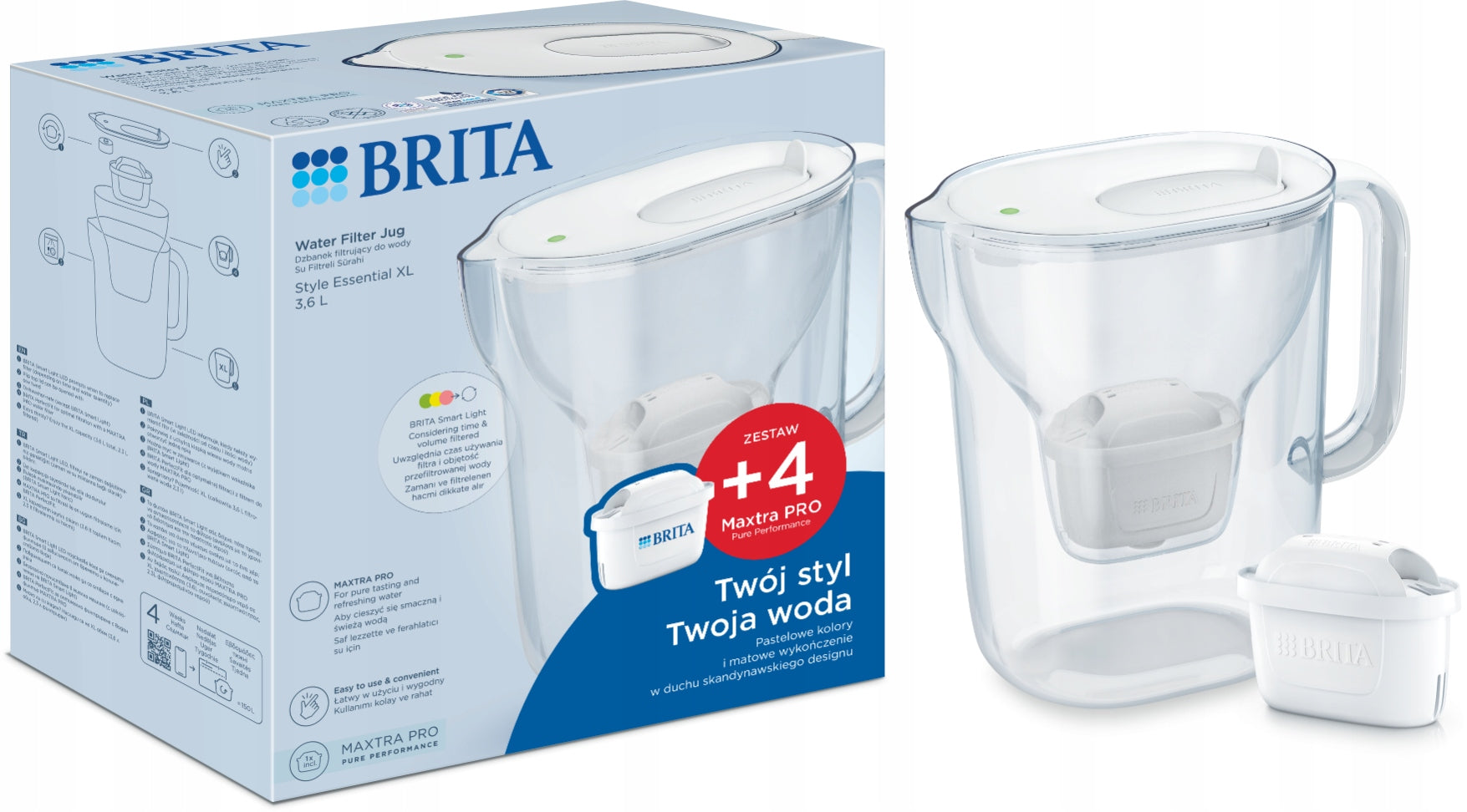 BRITA filter jug Style Essential XL white + 4 filters Maxtra PRO PP