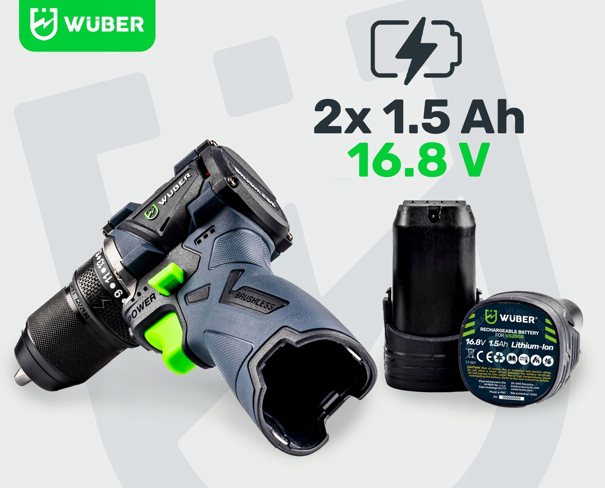 BRUSHLESS CORDLESS DRILL/DRIVER 2xBATTERY CHARGER SET Manufacturer code W52008 BEZSZCZOTKOWA WKRĘTARKA AKUMULATOROWA