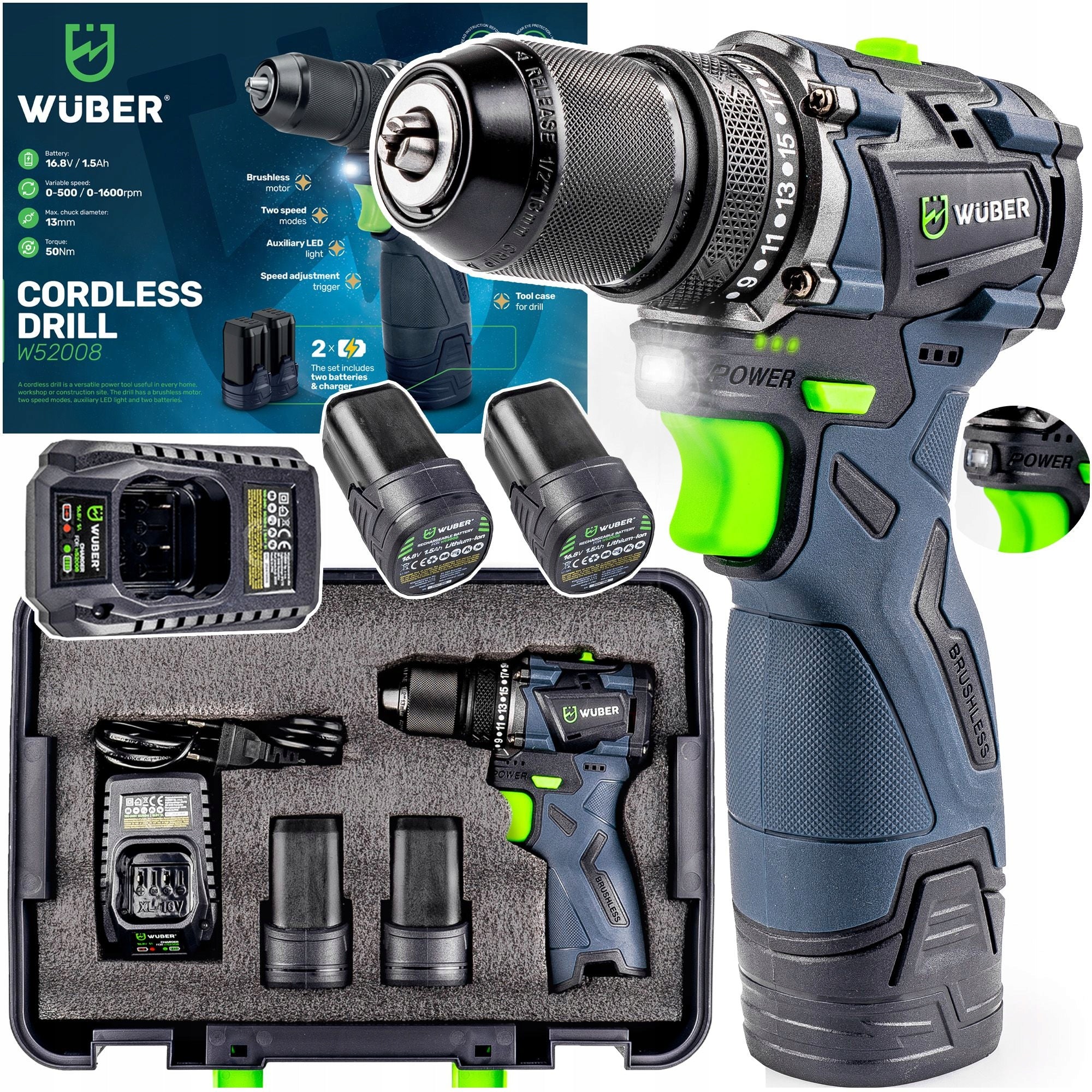 BRUSHLESS CORDLESS DRILL/DRIVER 2xBATTERY CHARGER SET
