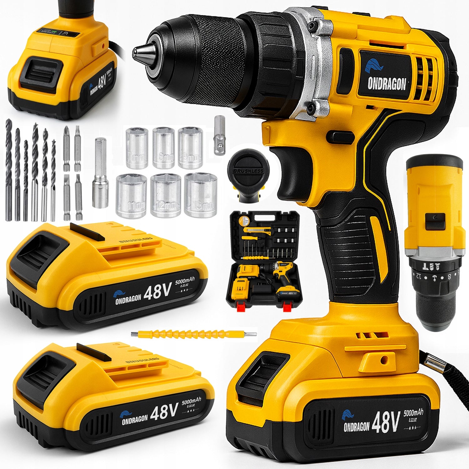 BRUSHLESS CORDLESS DRILL IMPACT DRIVER + 2xAKU SET 48V