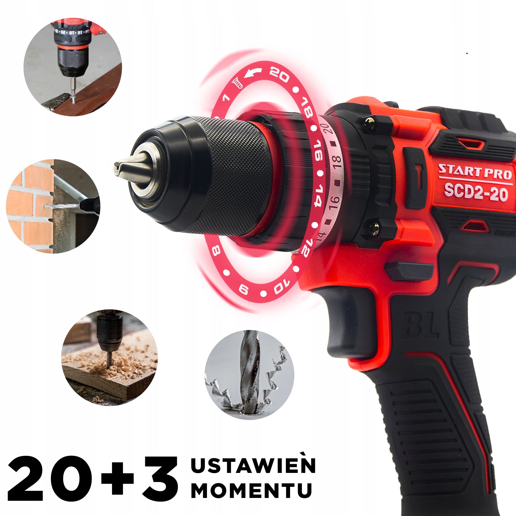BRUSHLESS CORDLESS IMPACT DRILL 95N/m 2x4Ah+HANDLE Manufacturer code SCD2-20