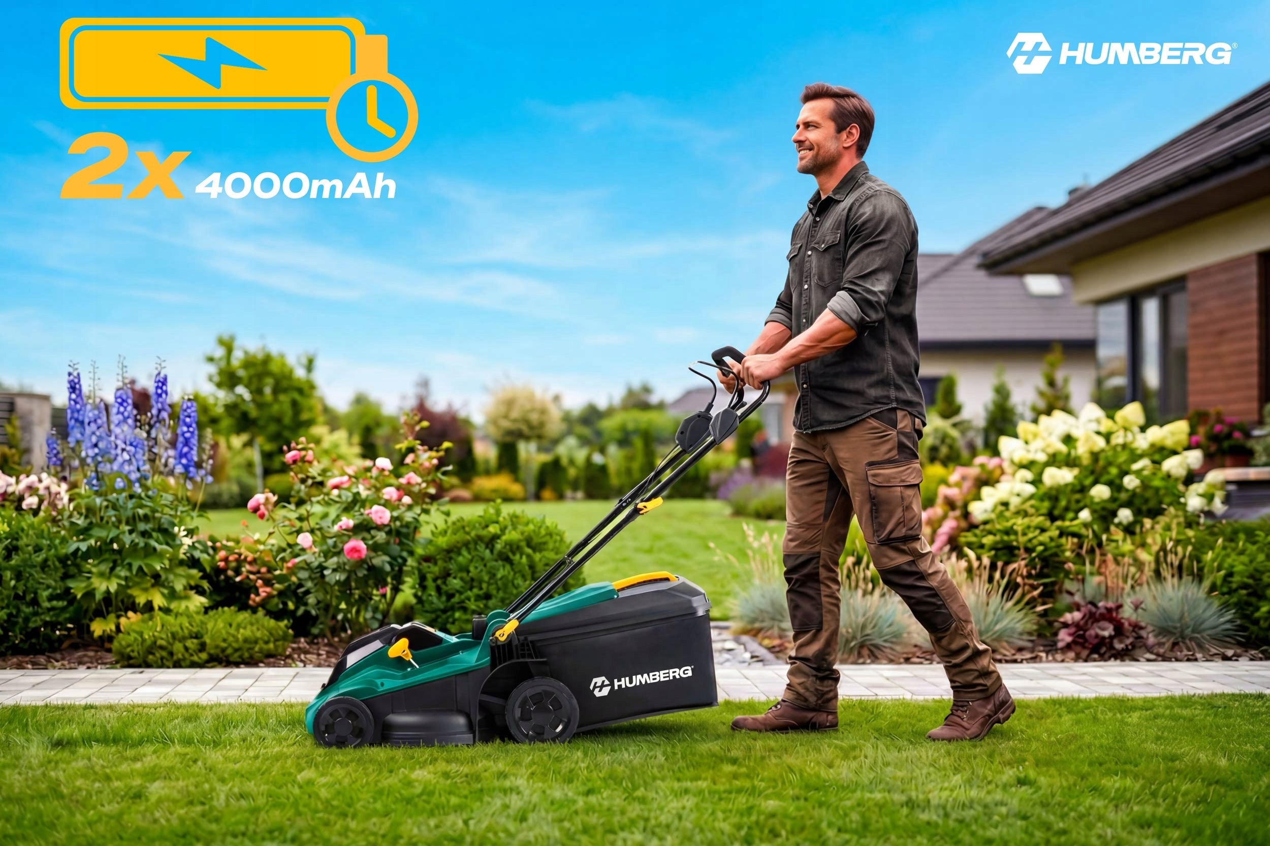 BRUSHLESS CORDLESS MOWER 2xAKU LIGHT STRONG 1000W 37cm HUMBERG Manufacturer code 561001