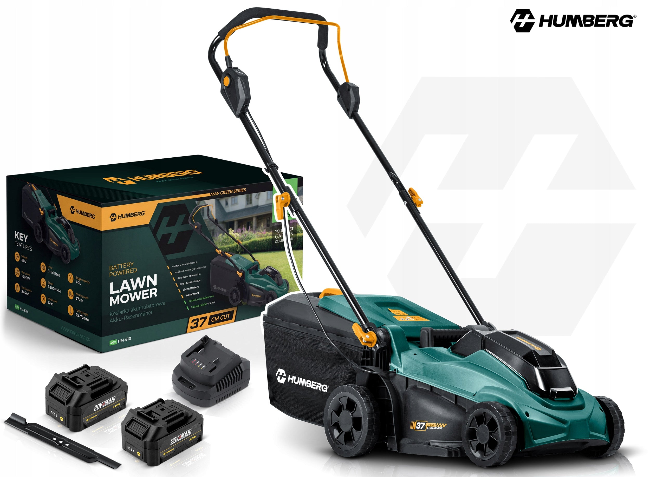 BRUSHLESS CORDLESS MOWER 2xAKU LIGHT STRONG 1000W 37cm HUMBERG Packaging status original