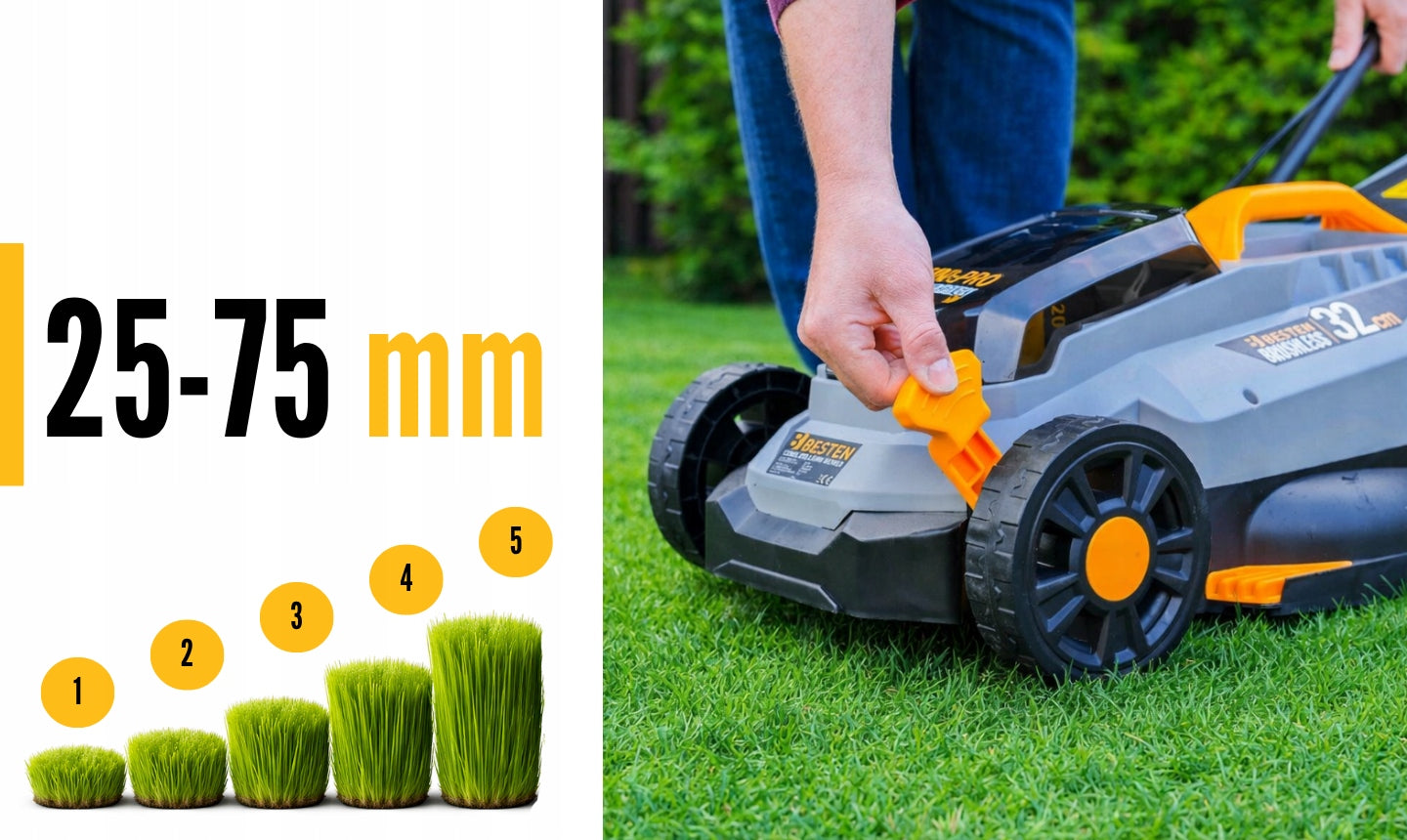 BRUSHLESS CORDLESS MOWER 32CM FOR GRASS 35L AKU 6AH STRONG BESTEN Basket capacity 35 l