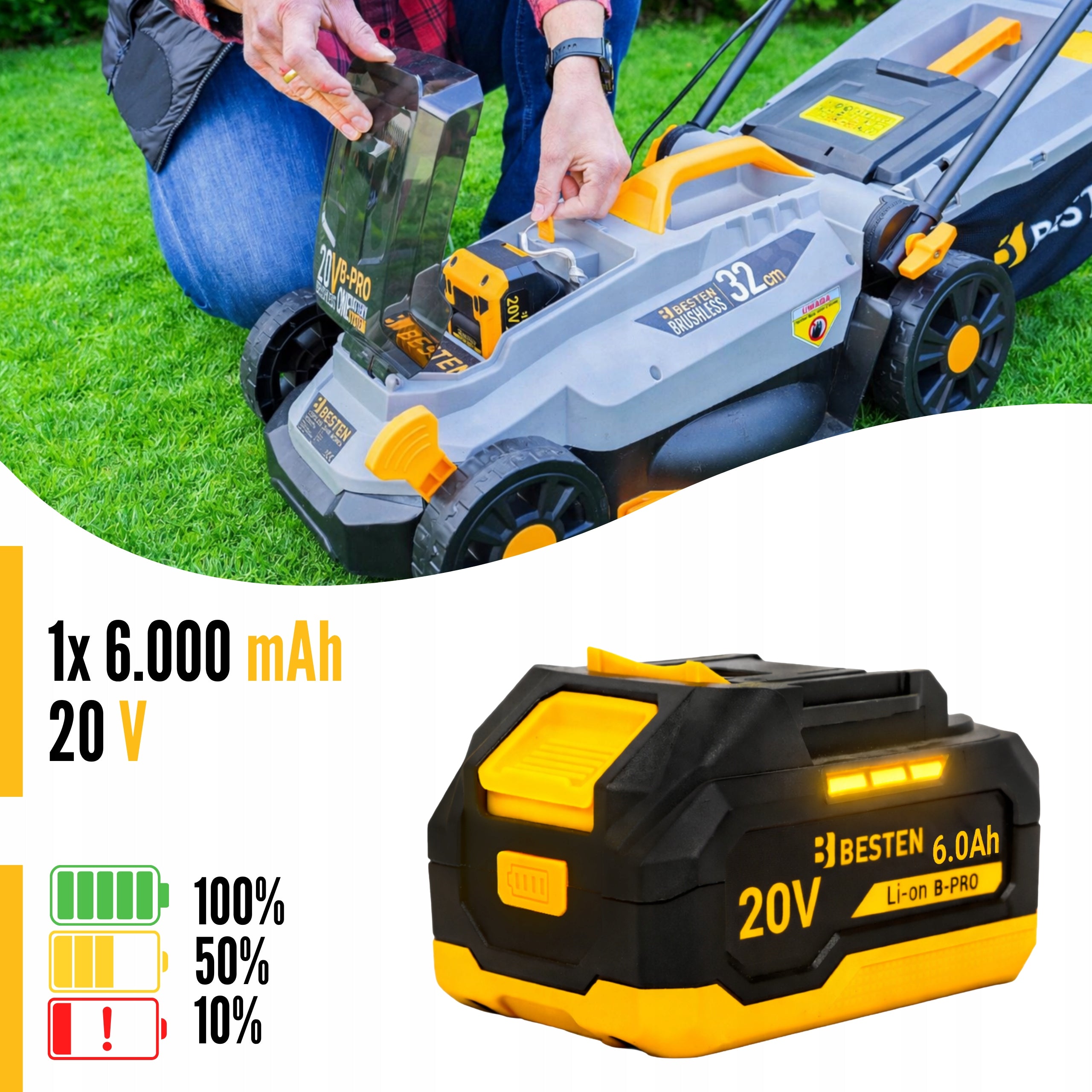 BRUSHLESS CORDLESS MOWER 32CM FOR GRASS 35L AKU 6AH STRONG BESTEN Manufacturer code BE0002908