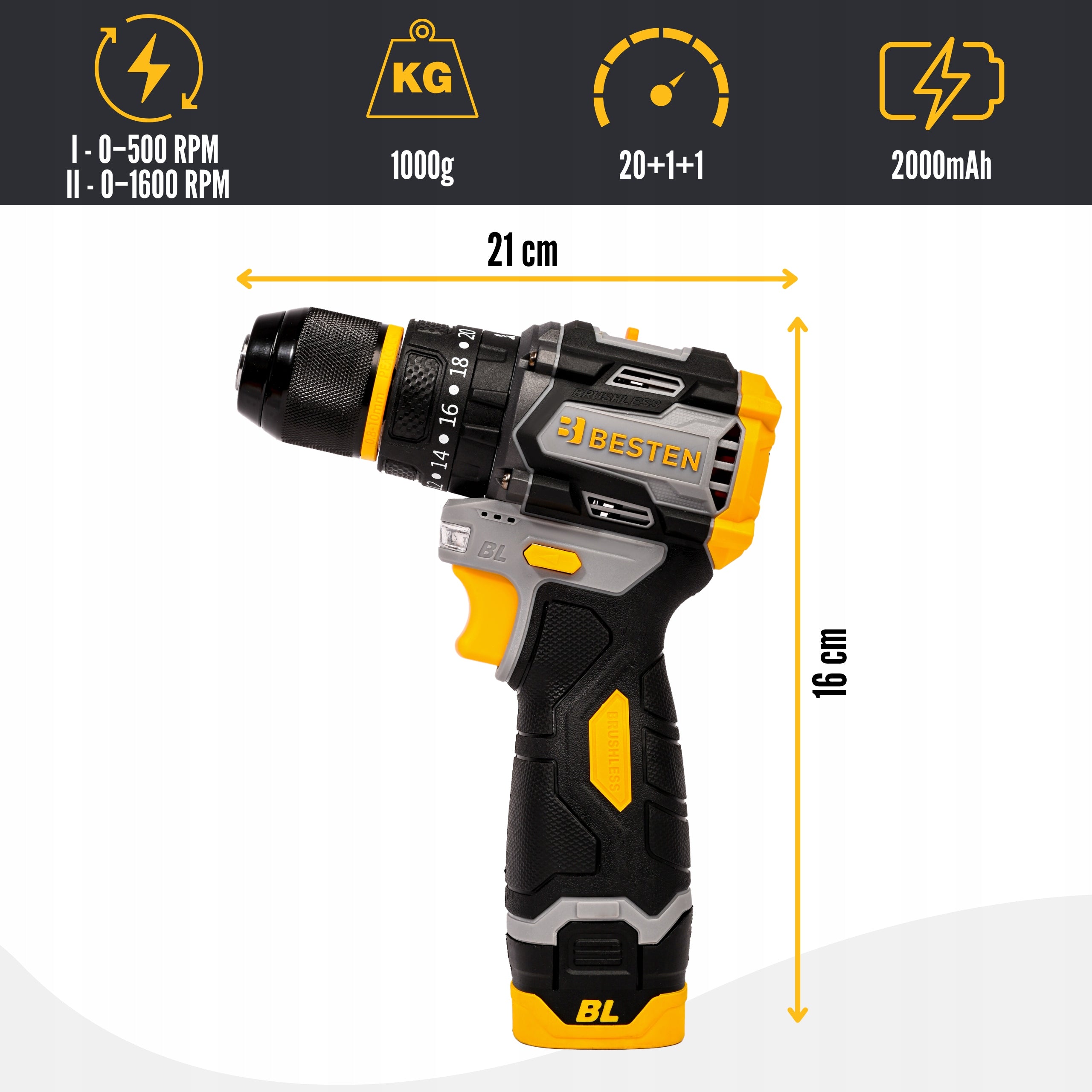 BRUSHLESS CORDLESS SCREWDRIVER WITH IMPACT SET 50NM BESTEN Packaging status original