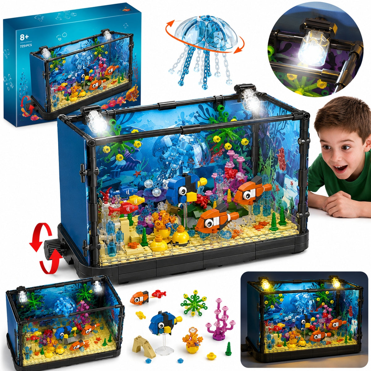 BUILDING BLOCKS AQUARIUM LED 725EL MOVING FISH JELLYFISH UNDERWATER WORLD Packaging status original