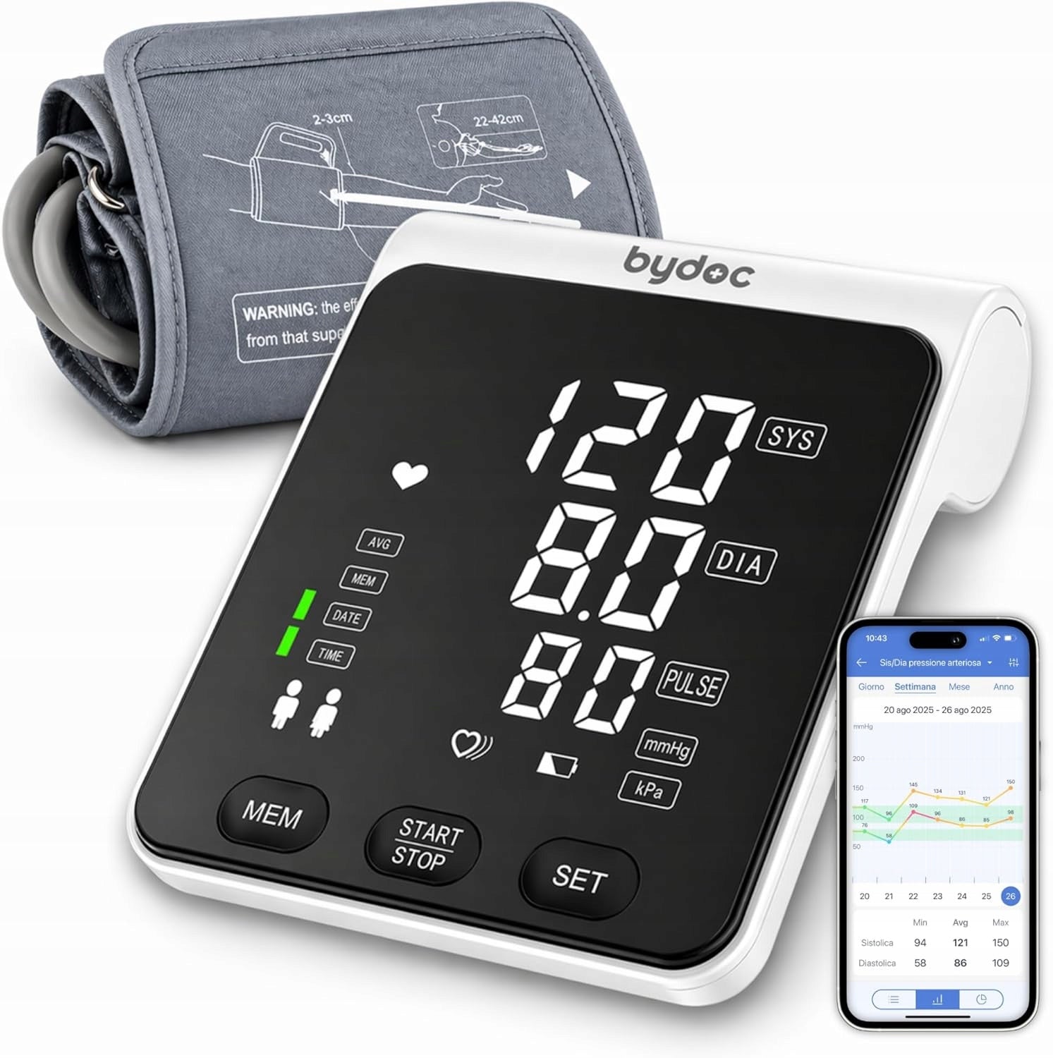 BYDOC, SHOULDER BLOOD PRESSURE MONITOR, APP, HEART RATE, DATA MEMORY, LCD