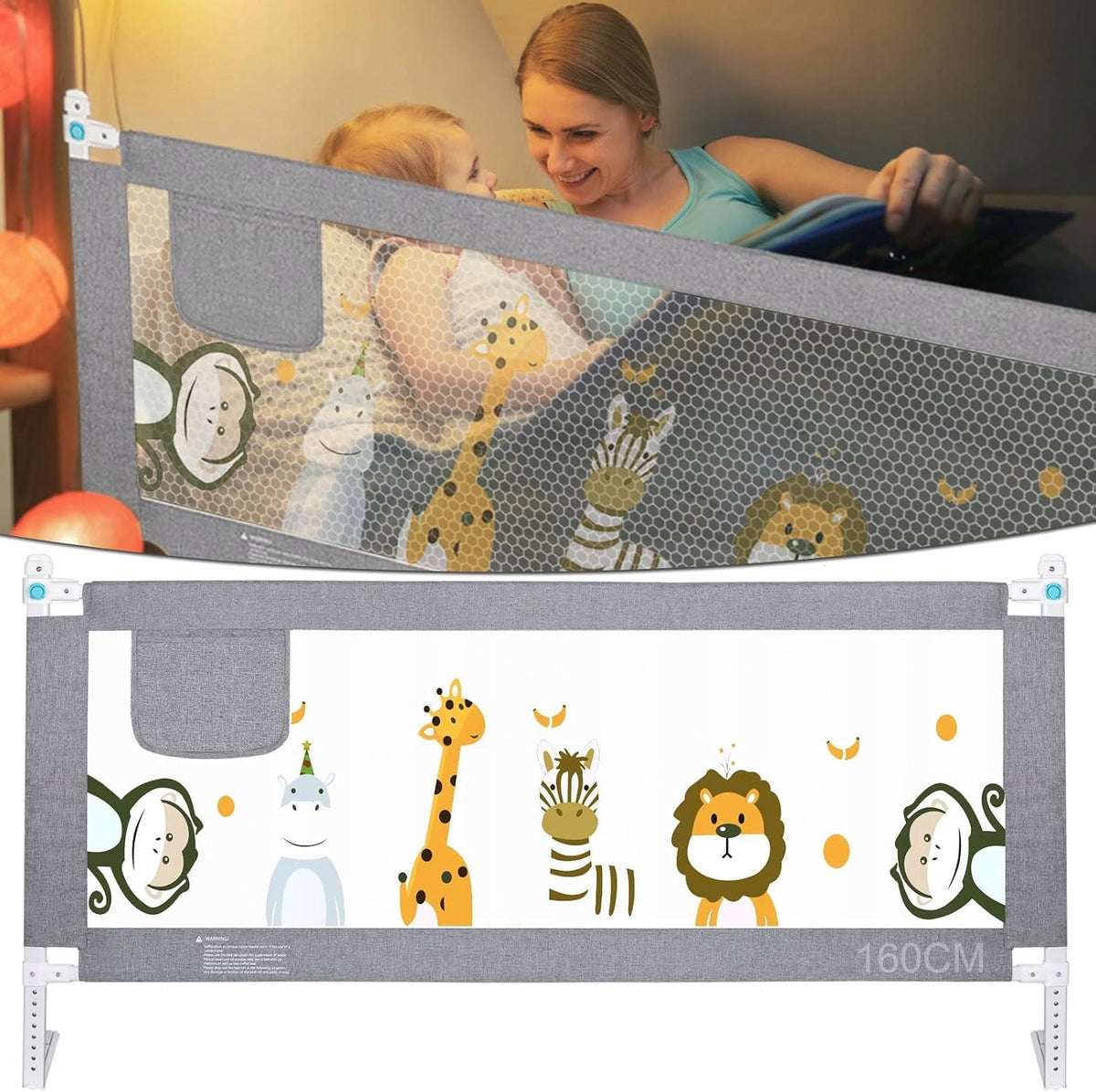 Baby Bed Protective Barrier 200 cm Adjustable, Drop Down, Grey