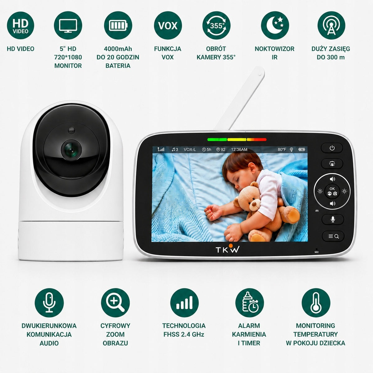 Baby Monitor with Camera 5"HD 17h VOX Rotation 355°Night Vision Long Range Packaging status original