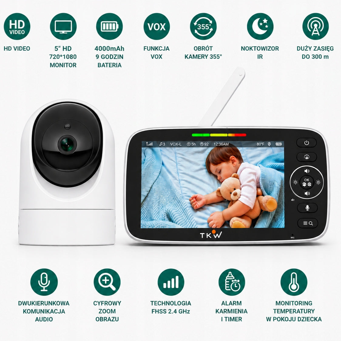 Baby Monitor with Camera 5” HD 4000mAh Night VOX Holder Rotation 355 Range Packaging status original
