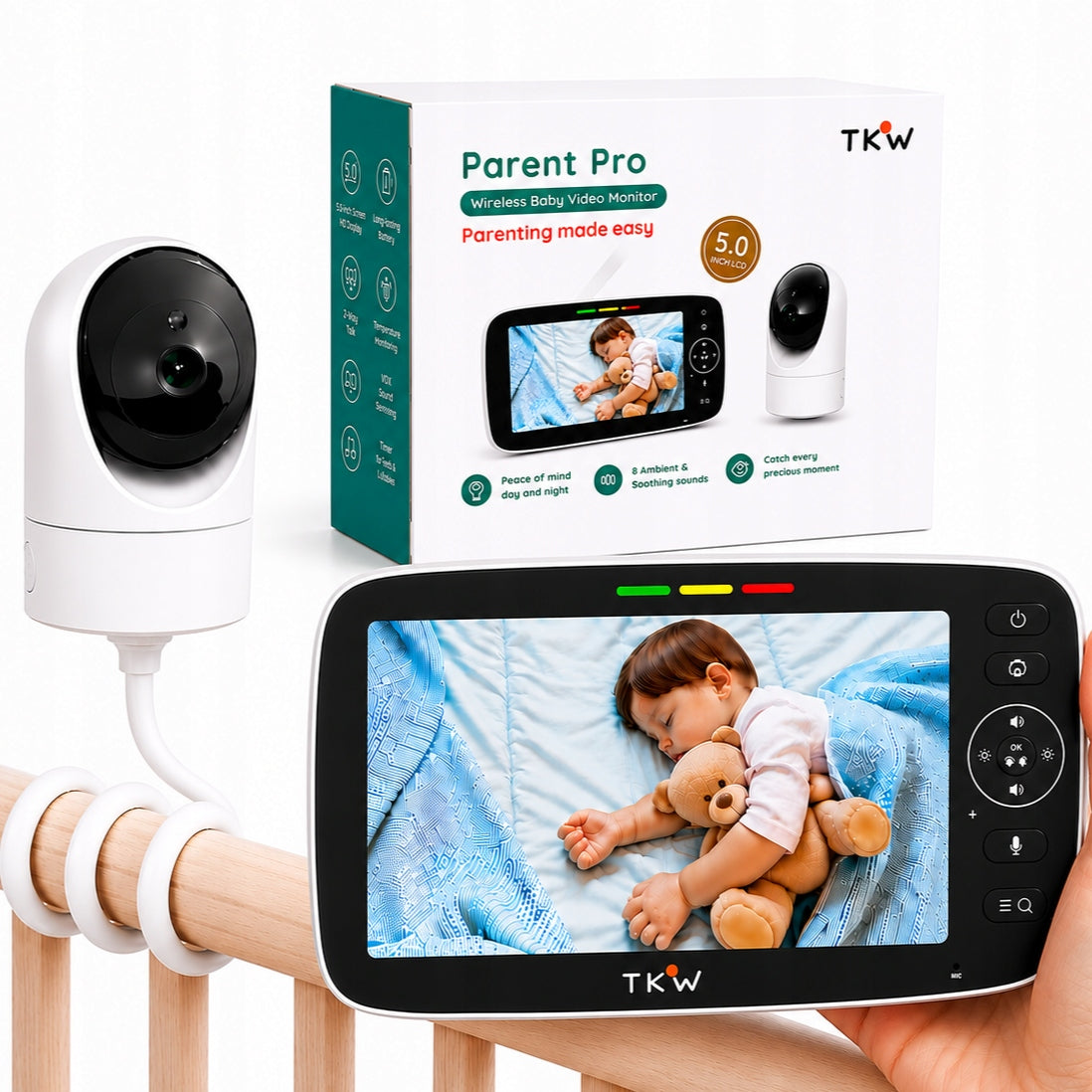 Baby Monitor with Camera 5” HD 4000mAh Night VOX Holder Rotation 355 Range