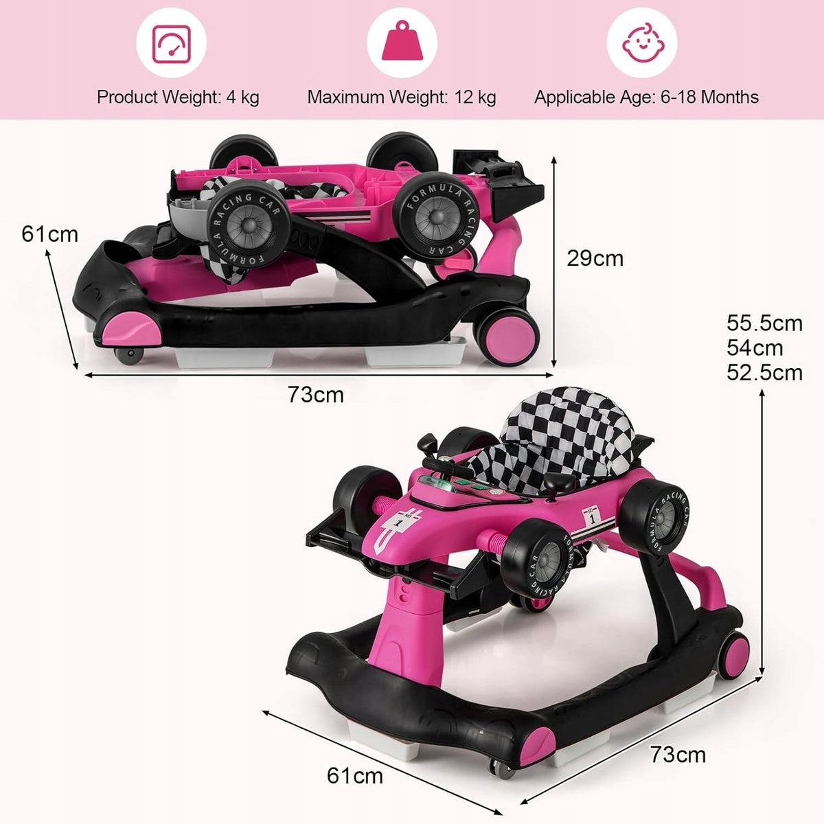 Baby Pusher Walker 4 in 1, PINK FORMULA 6-18 months Brand Costway