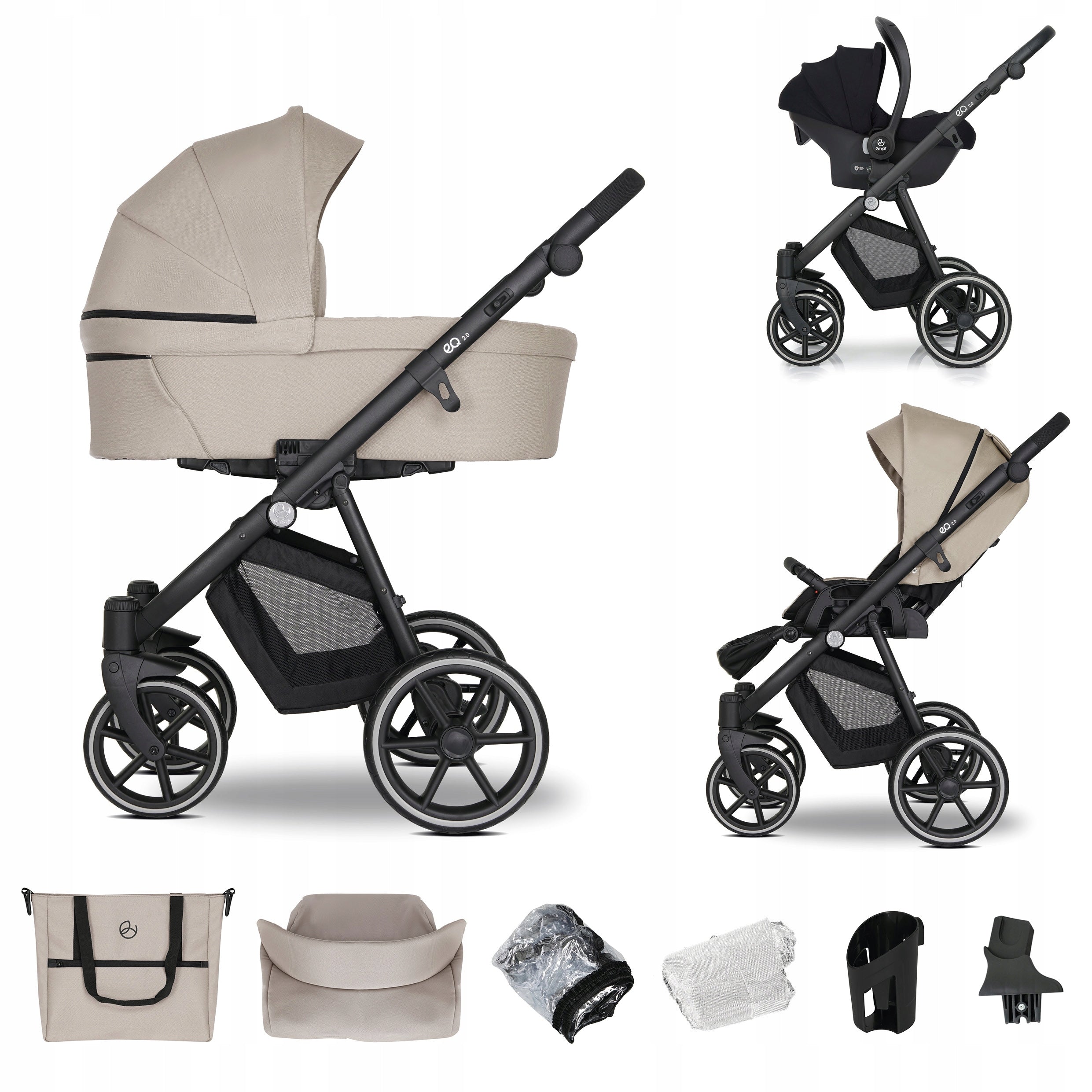 Baby Stroller 3in1 EMJOT EQ 2.0 multifunctional beige accessories F. Cosmo