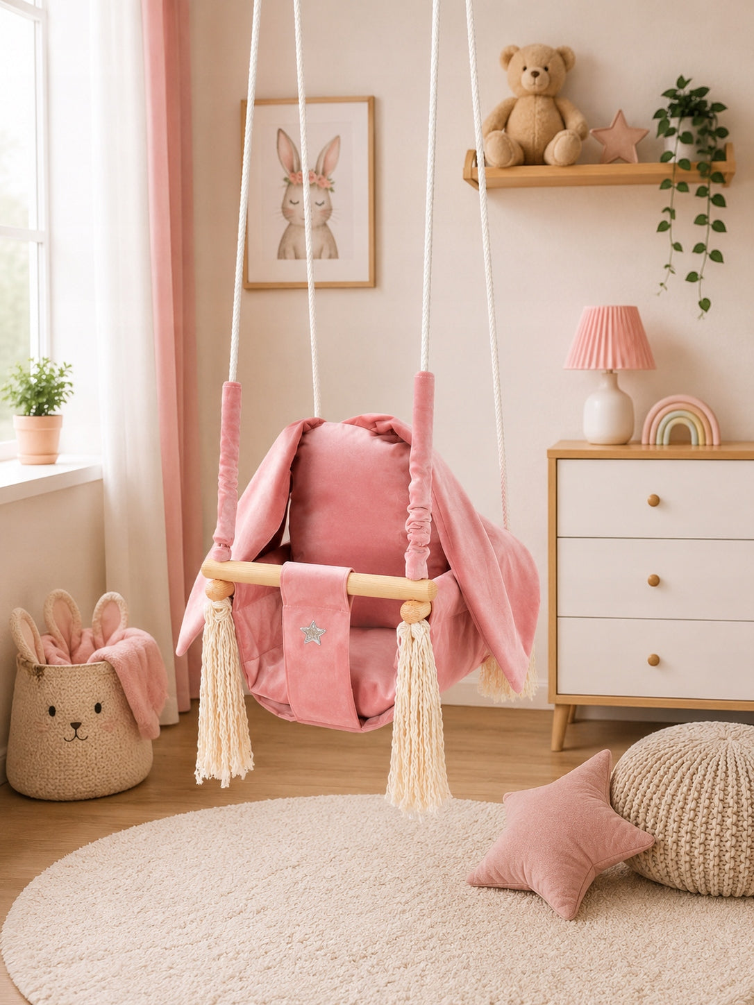 Baby Swing Wooden RABBIT with Backrest and Straps for Home and Garden Manufacturer code H0008