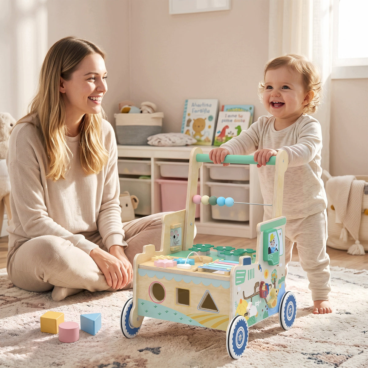 Baby Walker-Pusher with Wheels, Blocks and Montessori Storage Packaging status original