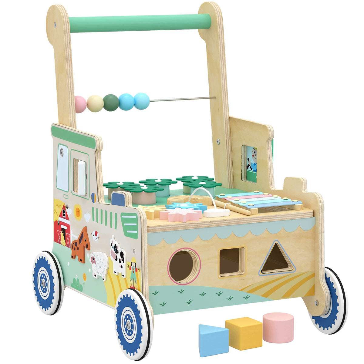 Baby Walker-Pusher with Wheels, Blocks and Montessori Storage
