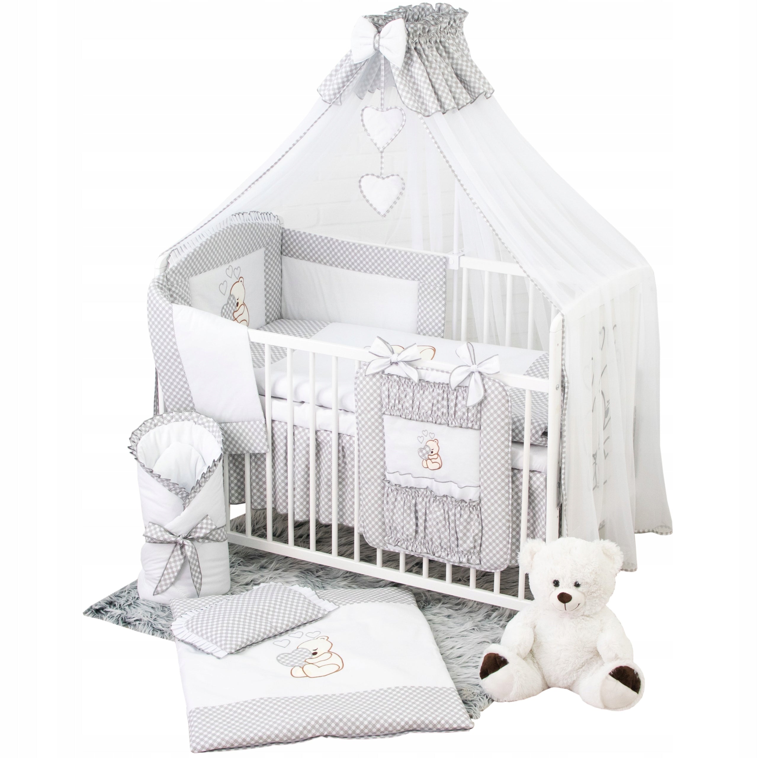 Baby cot and bedding for babies with mattress. 17ele Set grey