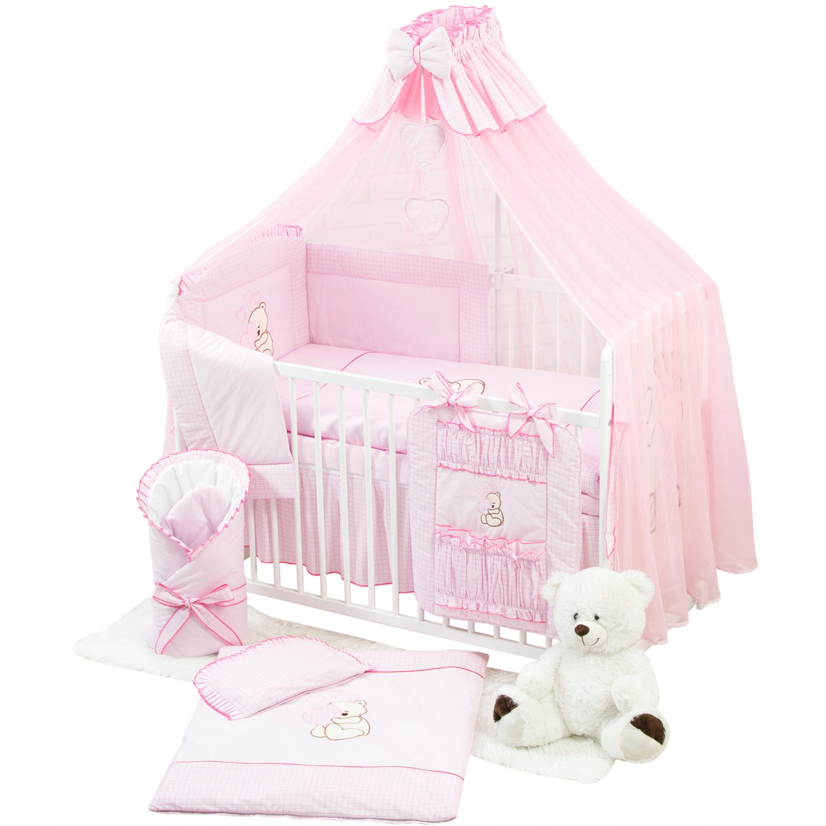 Baby cot and bedding with mattress. 17el Set Pink
