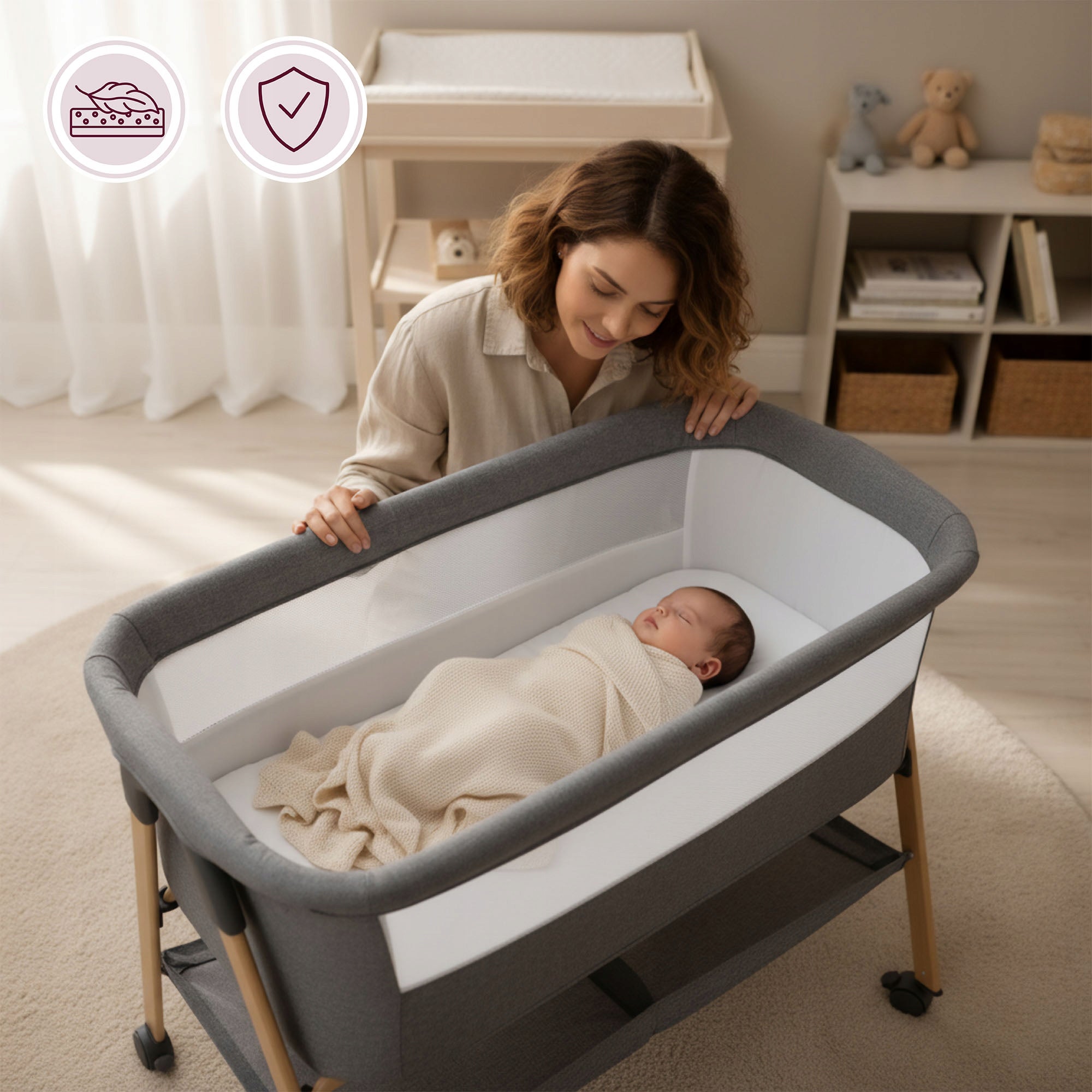 Baby cot, freestanding, tourist with mattress – grey Medical device no
