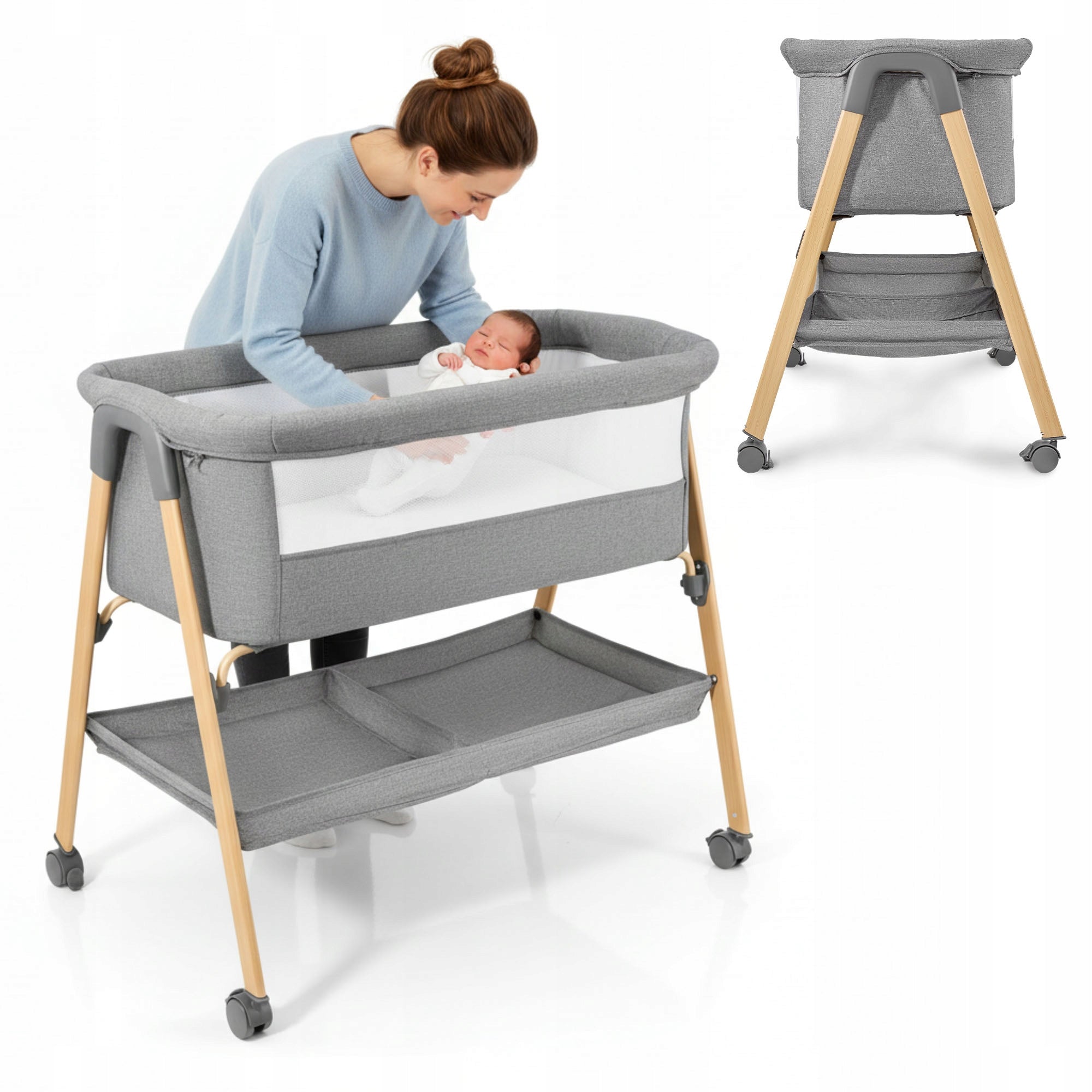 Baby cot, freestanding, tourist with mattress – grey