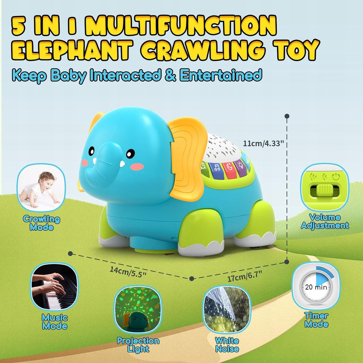 Baby crawling toy with music and projector, elephants Packaging status original