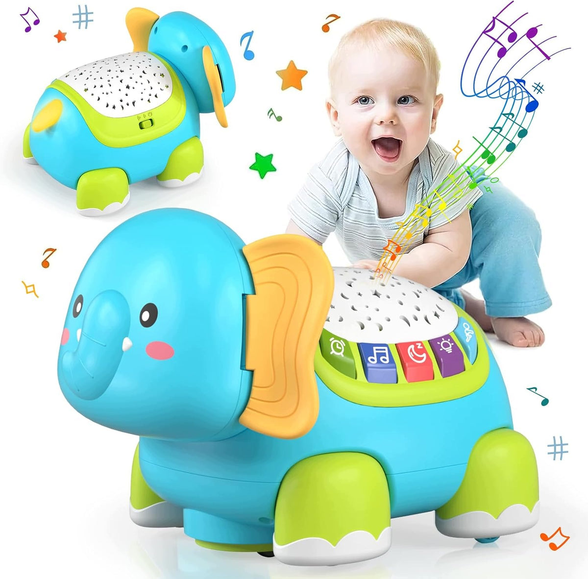 Baby crawling toy with music and projector, elephants