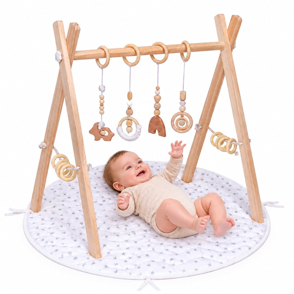 Baby gym wooden stand educational mat for babies pendants