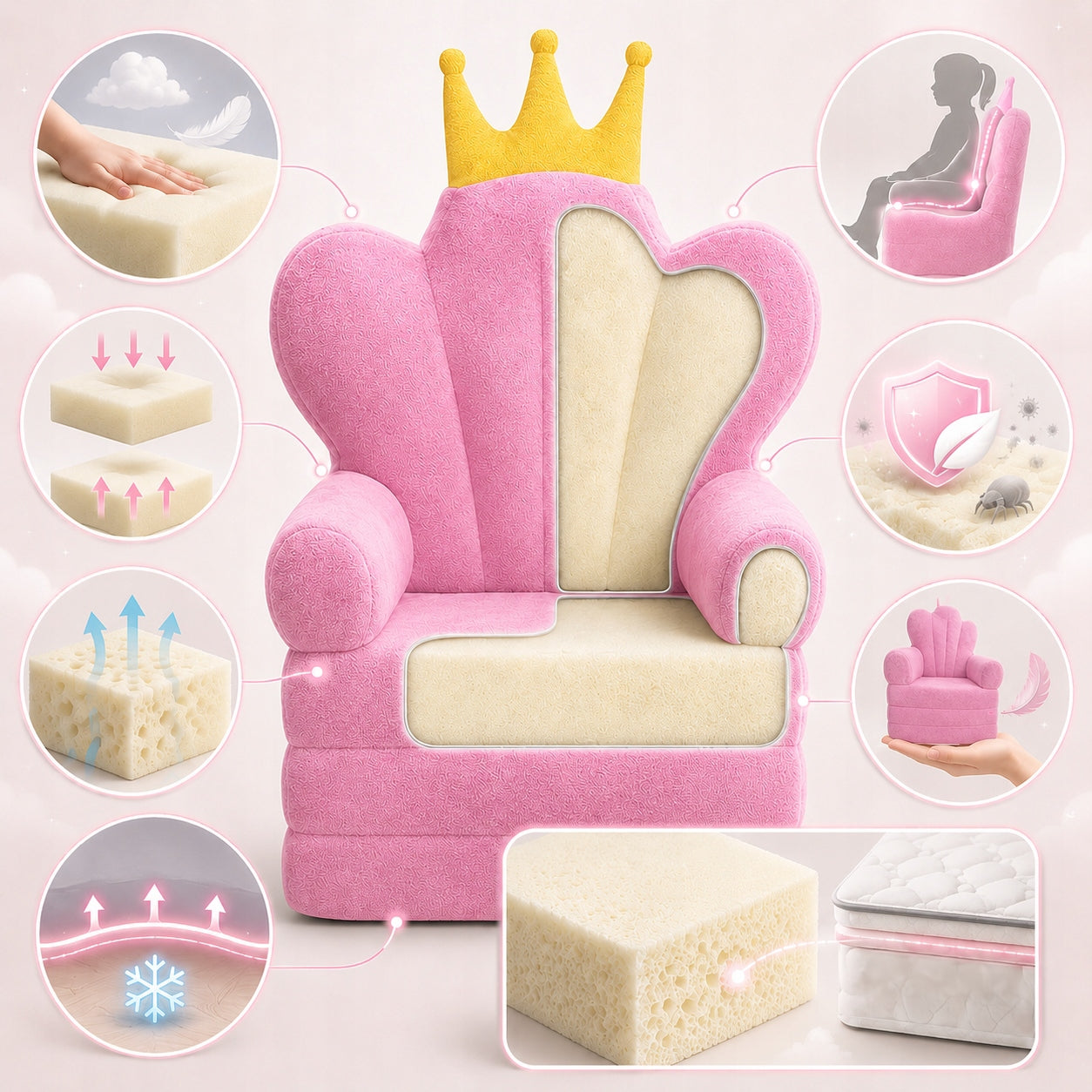 Baby high chair pink throne plush couch with crown children's armchair Manufacturer code Leżanka tron