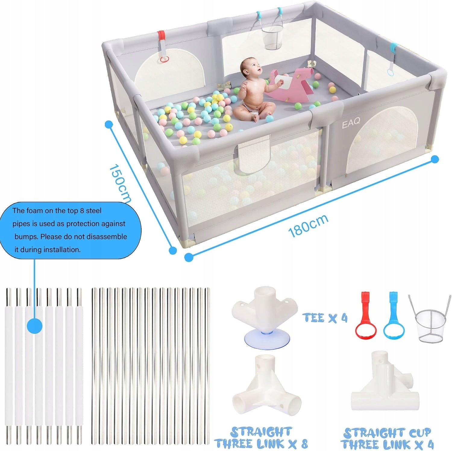 Baby playpen EAQ 180x150 cm large square toys barrier net grey Manufacturer code B0BMG6YV3Y