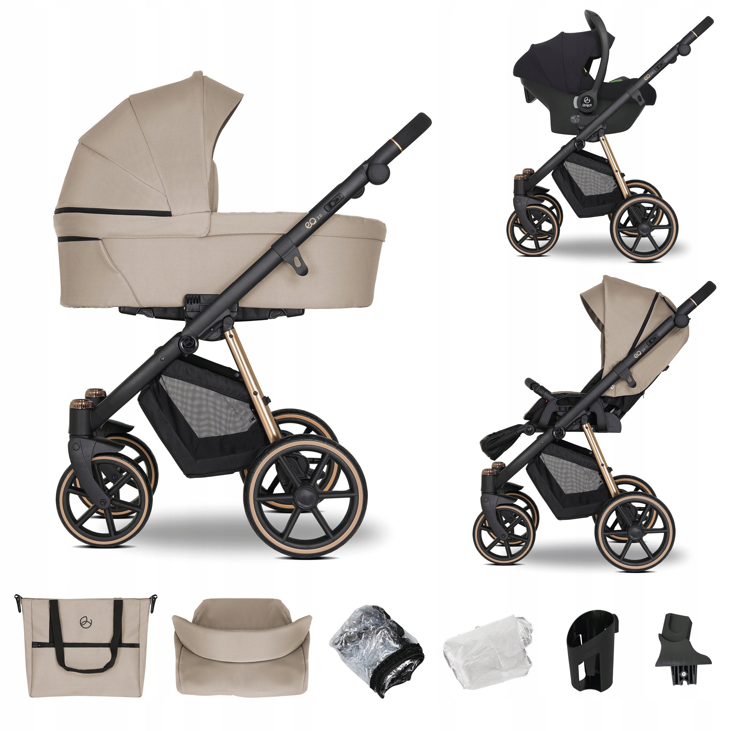 Baby stroller 3in1 EMJOT EQ 2.0 GOLD multifunctional beige accessory. F. Cosmo