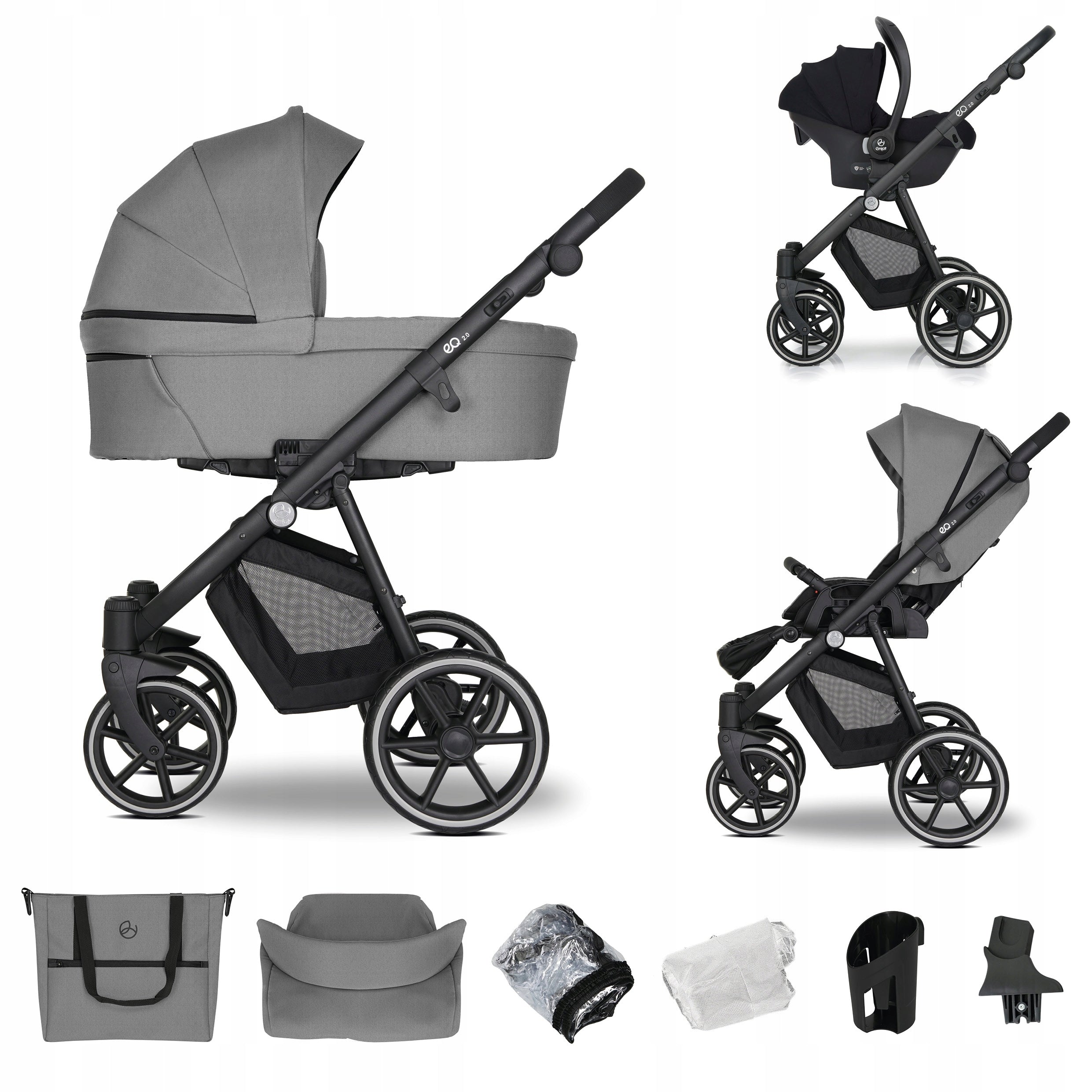 Baby stroller 3in1 EMJOT EQ 2.0 multifunctional accessories f.Cosmo grey