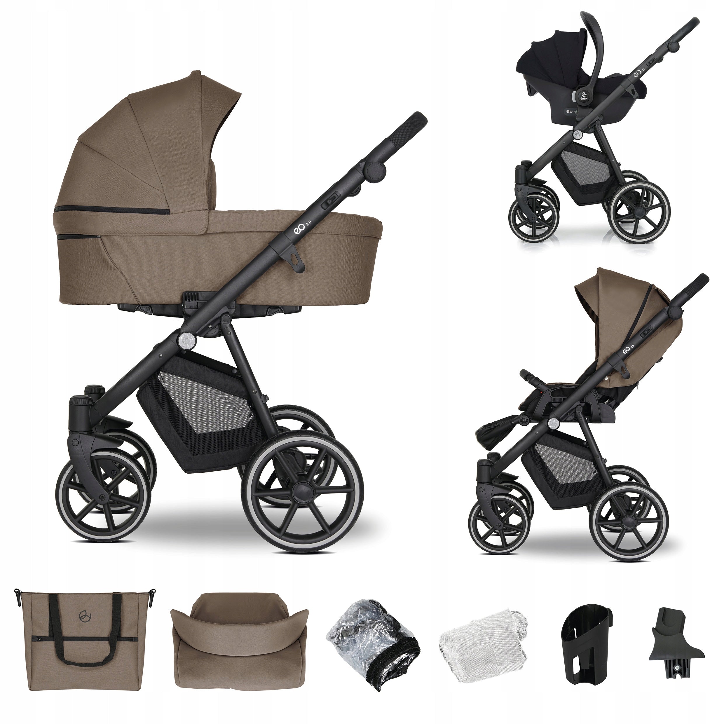 Baby stroller 3in1 EMJOT EQ 2.0 multifunctional dark beige Cosmo accessories